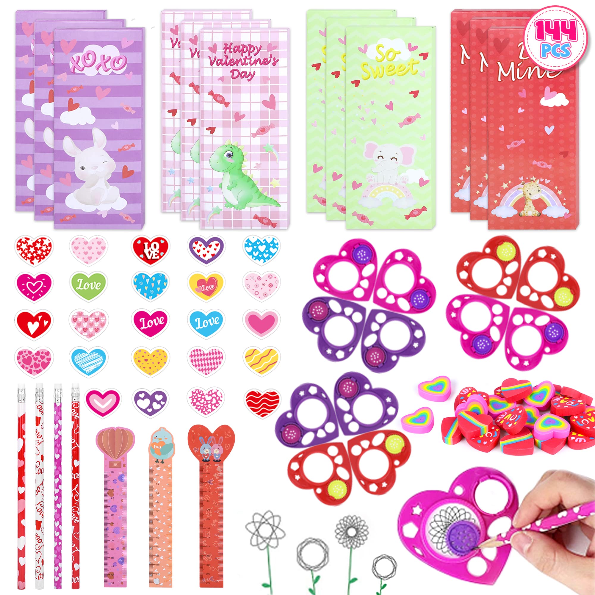 Valentines Day Gifts for Kids Classroom, 24 Pack Valentines Day Stationery  Gift with Pencils Erasers Rulers Stickers, Valentines Day Cards Kids