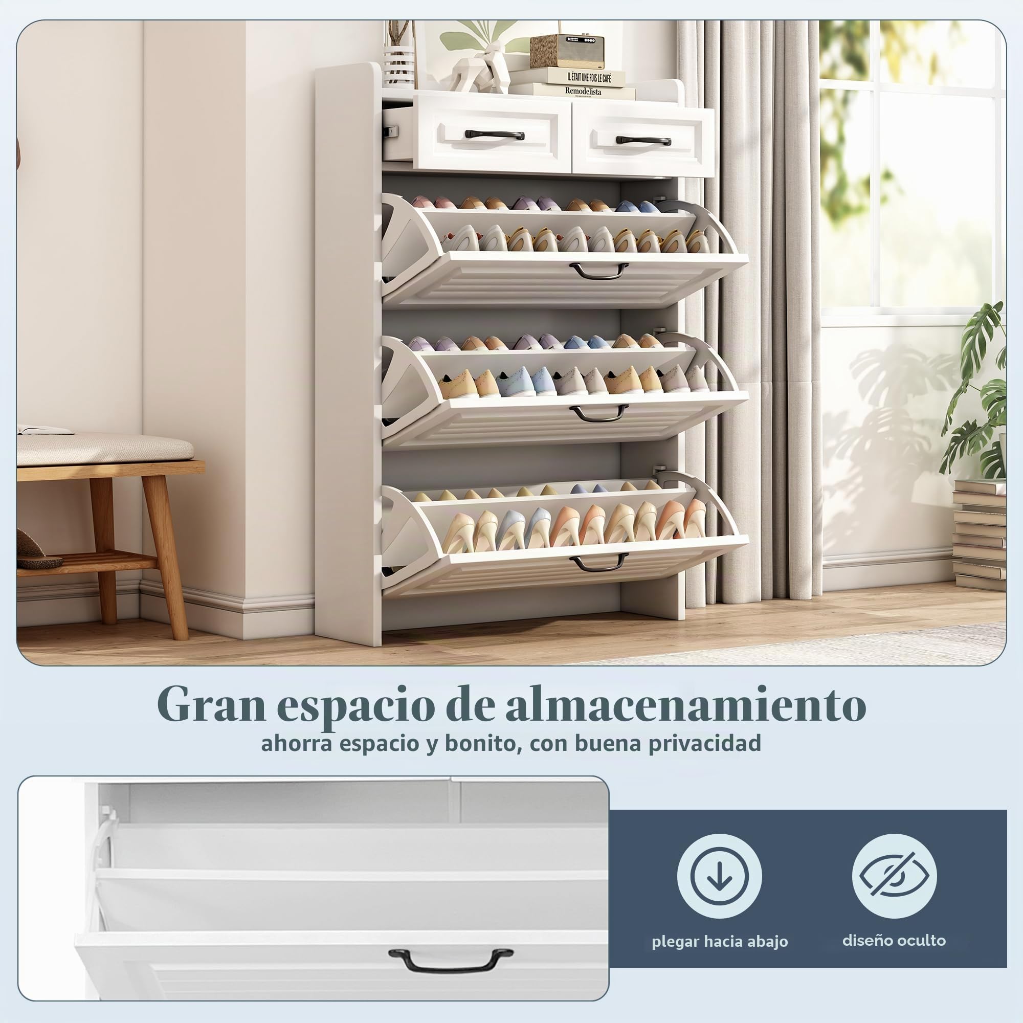 Zapatero con cajón giratorio, zapatero 80 x 23,5 x 125 cm de madera con tres grandes solapas y dos cajones, zapatero de madera, estante para zapatos (Blanco)