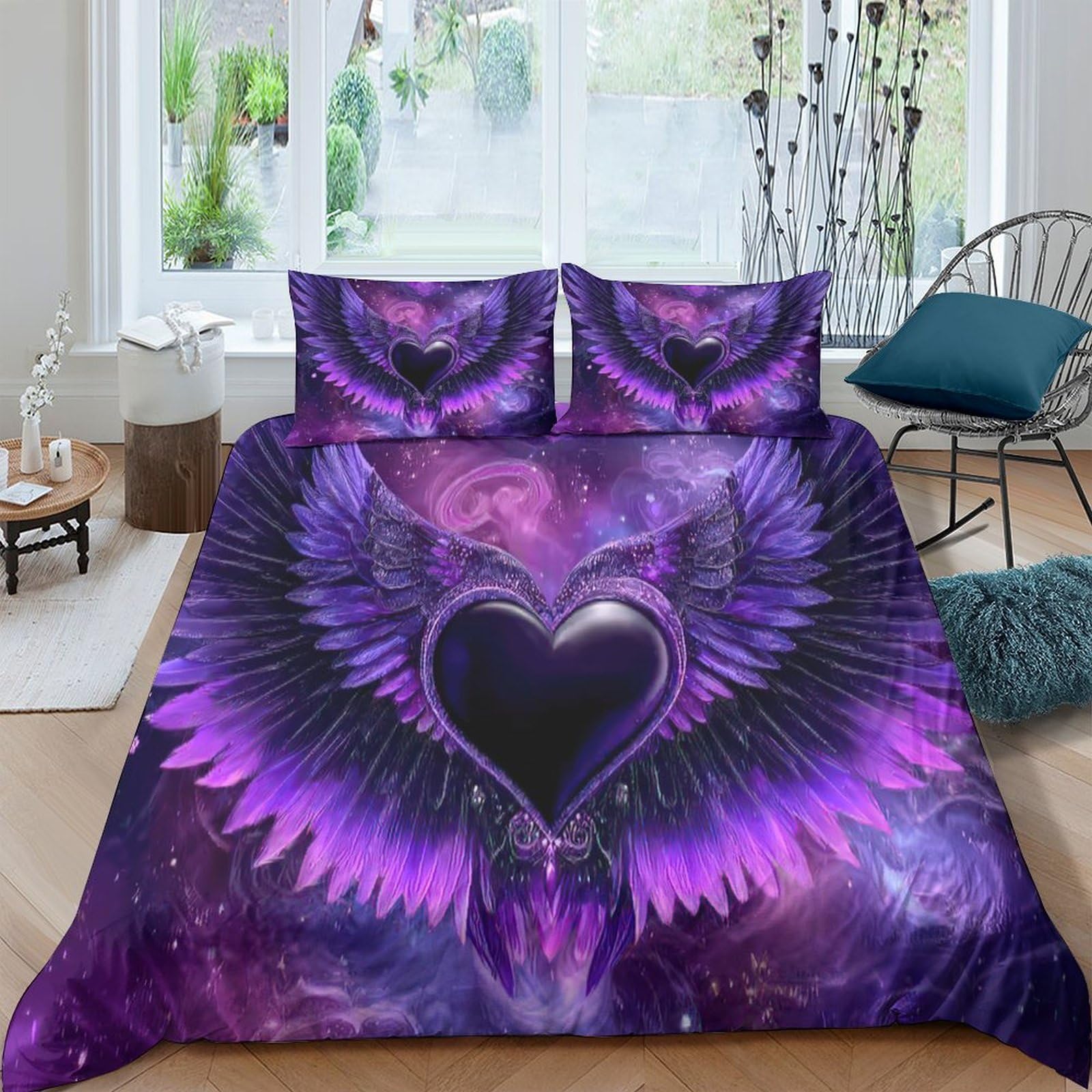 Ctjqhvkz Style-8 3D Printed Purple Winged Heart Fitted Sheet Microfiber Bed Cover For Bedroom Dorm Mattress Protection Decor Single（135X200cm）