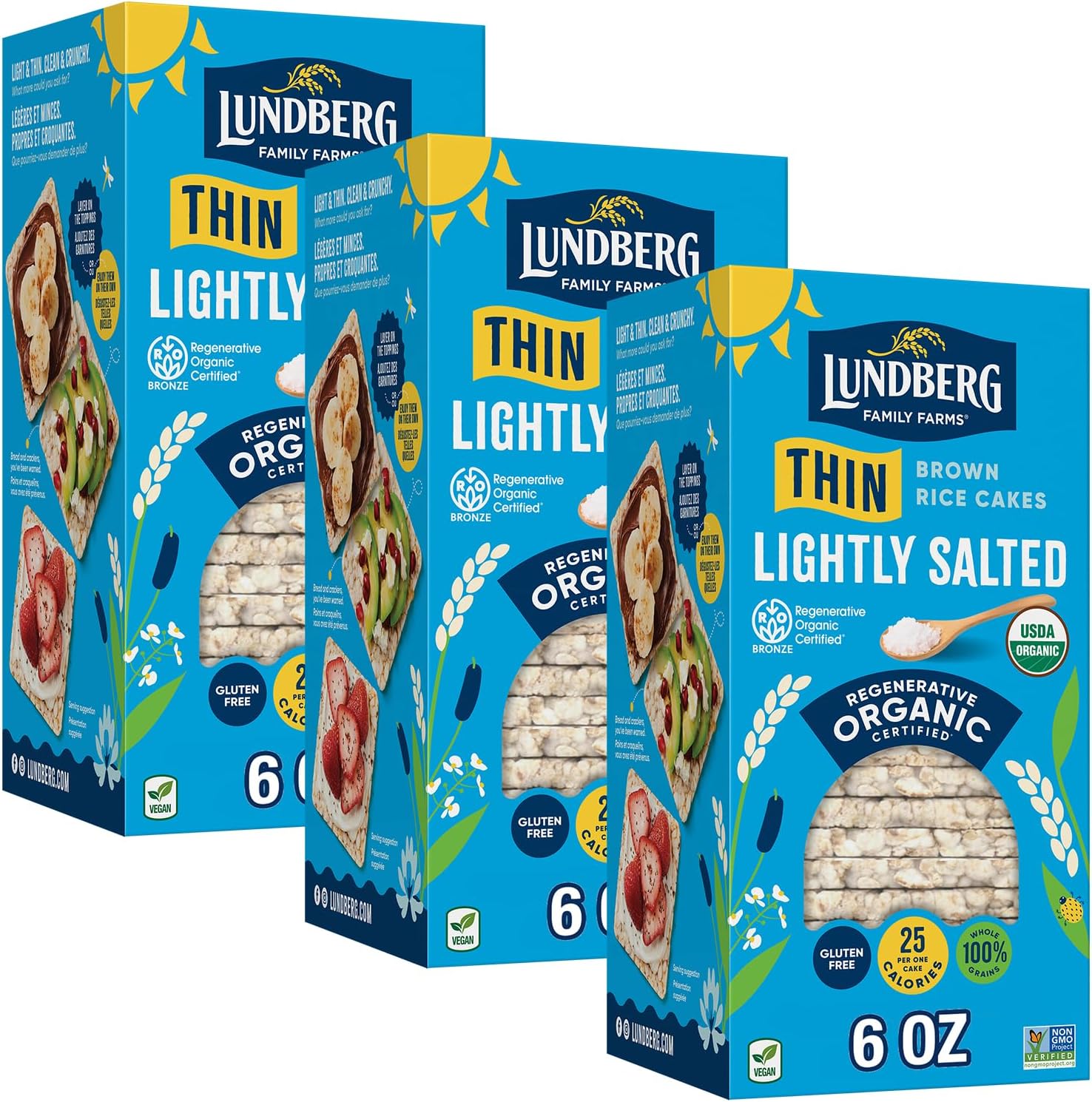 Lundberg Thin Brown Rice Cakes, Lightly Salted, 3-Pack โ Regenerative Organic Certified, Healthy Snacks, Vegan, 6 Oz EaRegenerative Organic CertifiedUSDA OrganicRegenerative Organic CertifiedRegenerative Organic CertifiedRegenerative Organic Certified