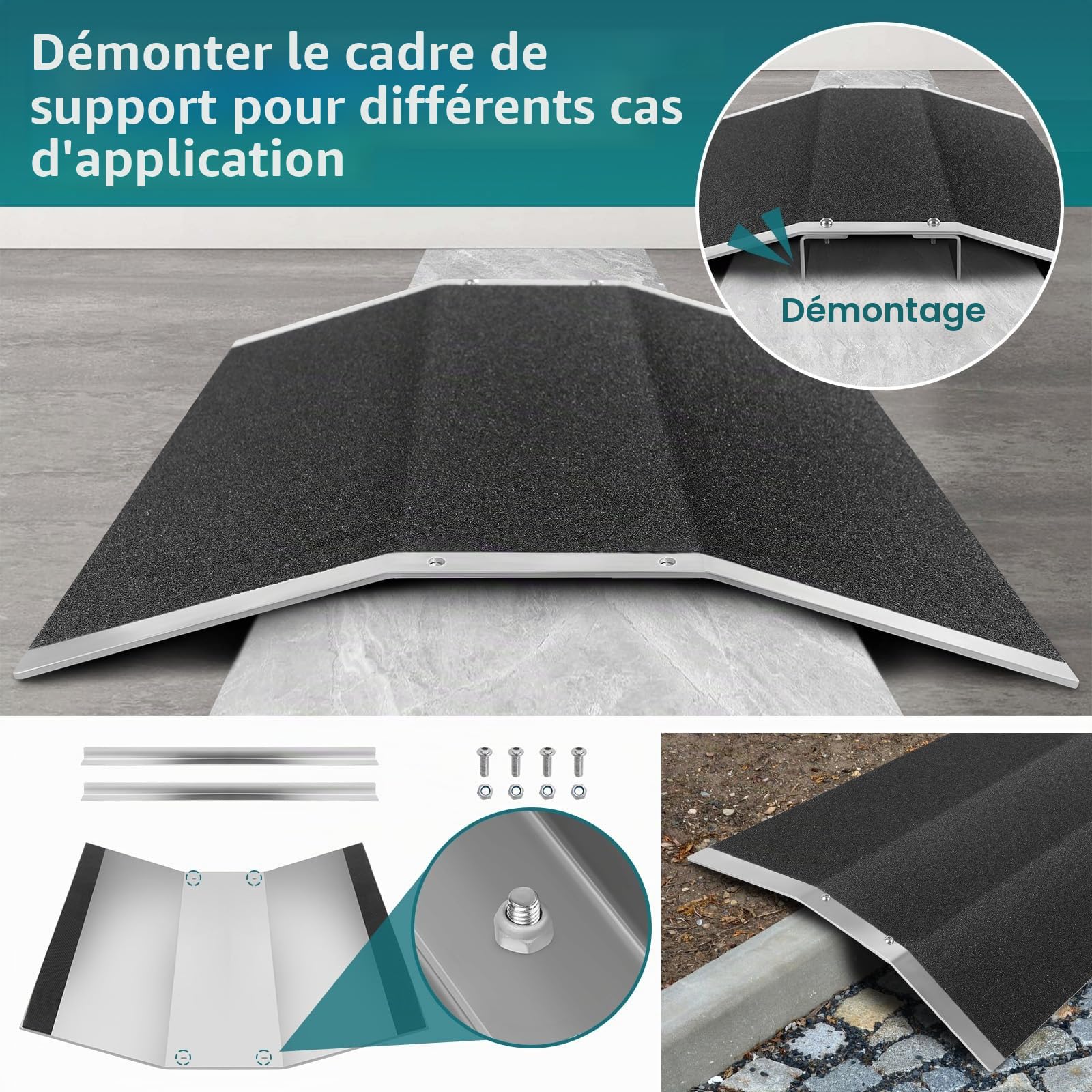 Rampe de seuil de porte rampe pour fauteuil roulant, rampe en aluminium fauteuil roulant rampe de seuil avec supports amovibles, pont de seuil antidérapant, pour fauteuil roulant, déambulateur