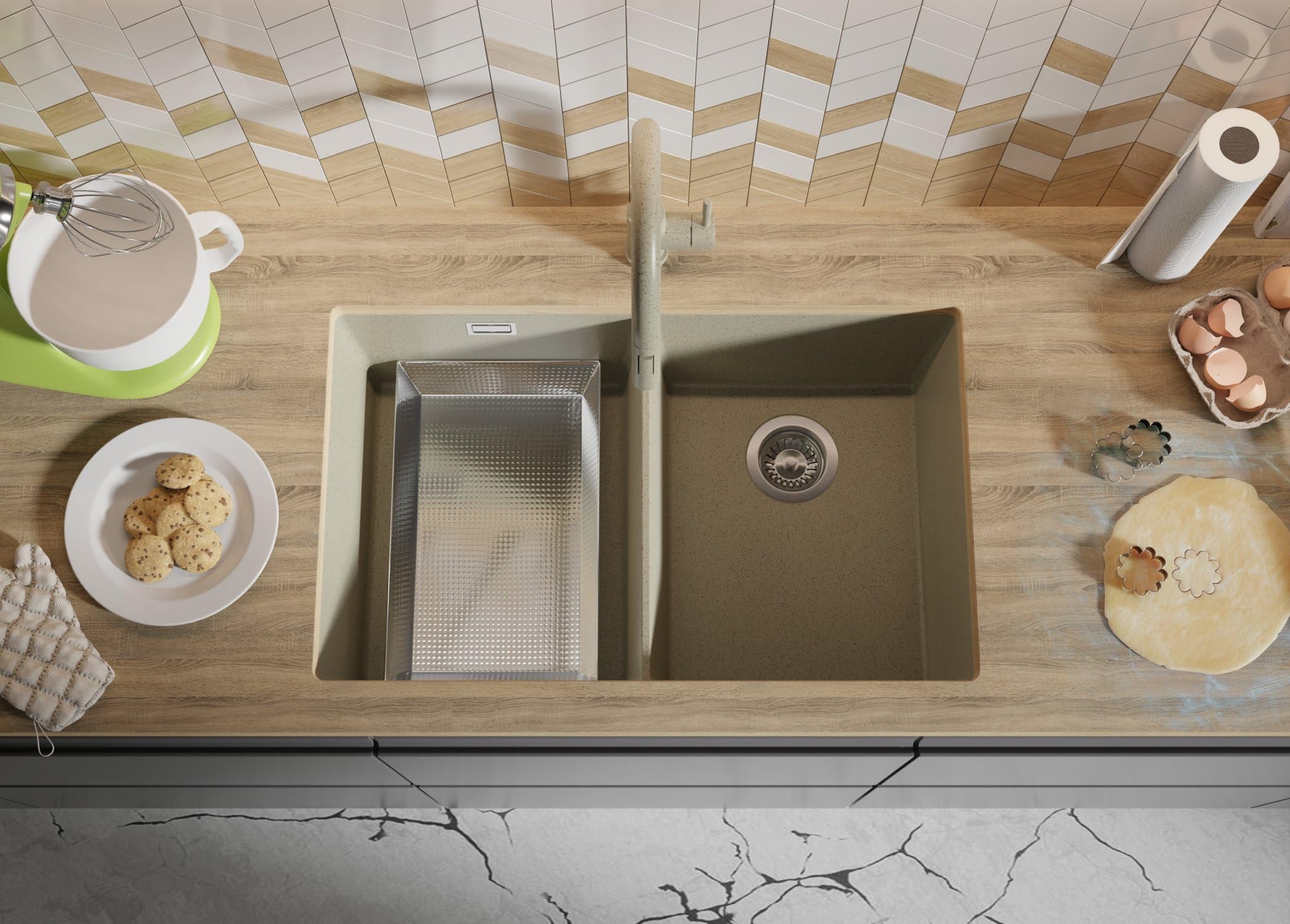 PRIMAGRAN Fregadero bajo Encimera Todo Beige 76x47cm, Cocina 2 Senos + Sifón, Granito al Mueble 80cm - London Twin S010