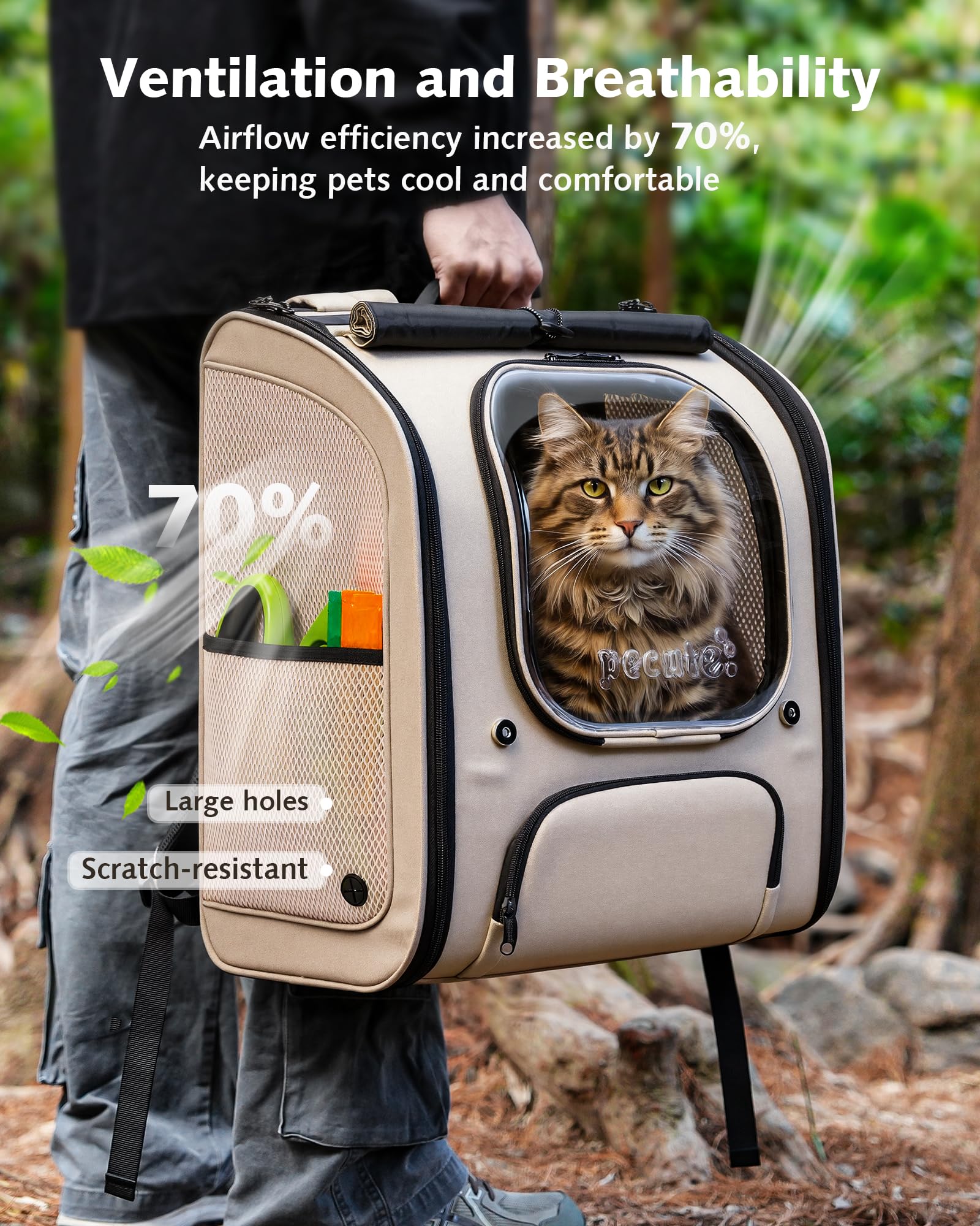 pecute Katzenrucksack Bubble Haustier Rucksack mit Netzfenster, Tragbare und Faltbare Katzentasche, Atmungsaktive und Leichte Hundetasche für Hunde Katzen Haustiere, Khaki (48 * 38 * 28cm)