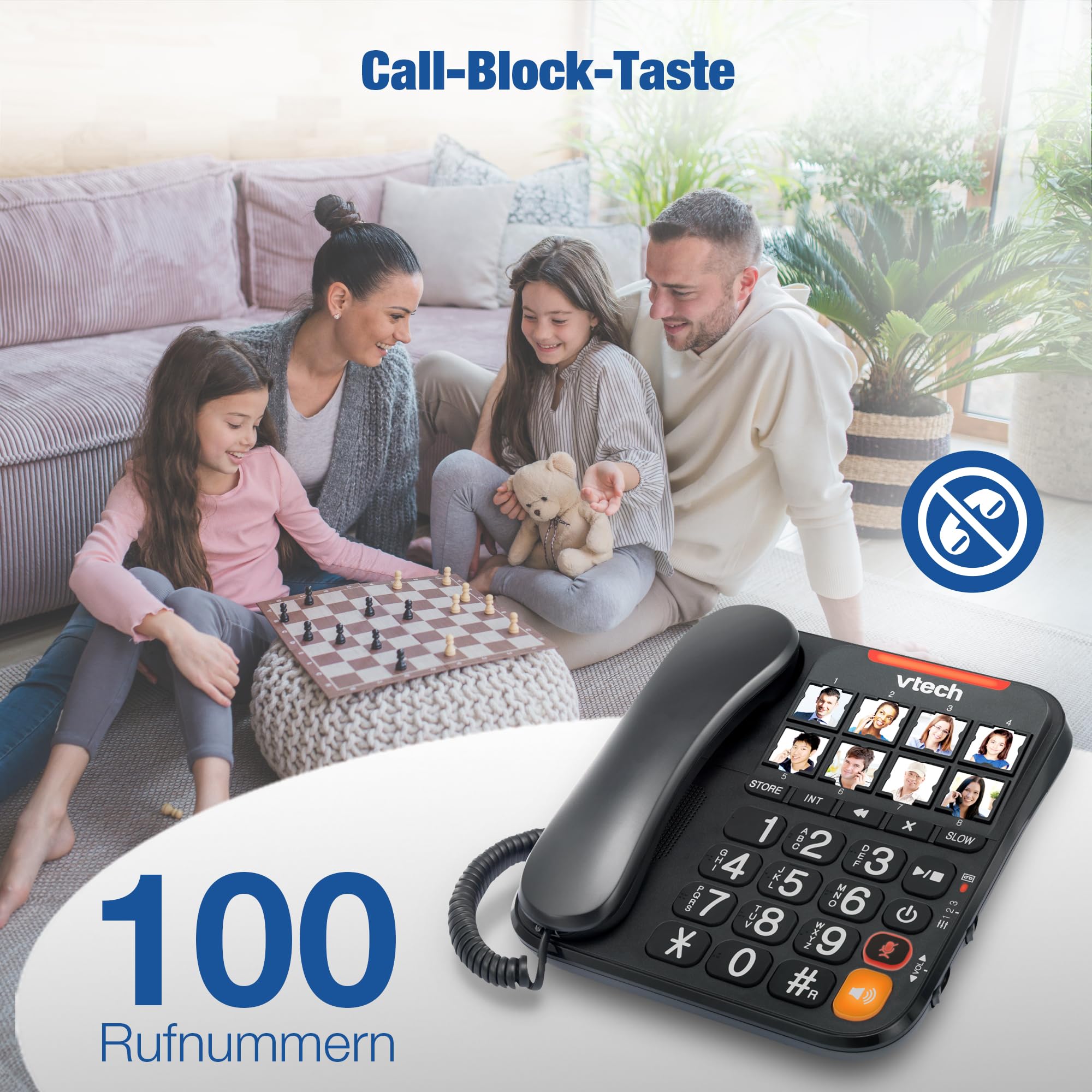 VTech Schnurgeb./Schnurloses Telefon, Digit. Anrufbeantworter, 8 Foto-Direktwahltasten, große Tasten/Display, hörgerätekompatibel, Lautstärkenregler, Opt. Rufanzeige, Anrufblocker | CL6550