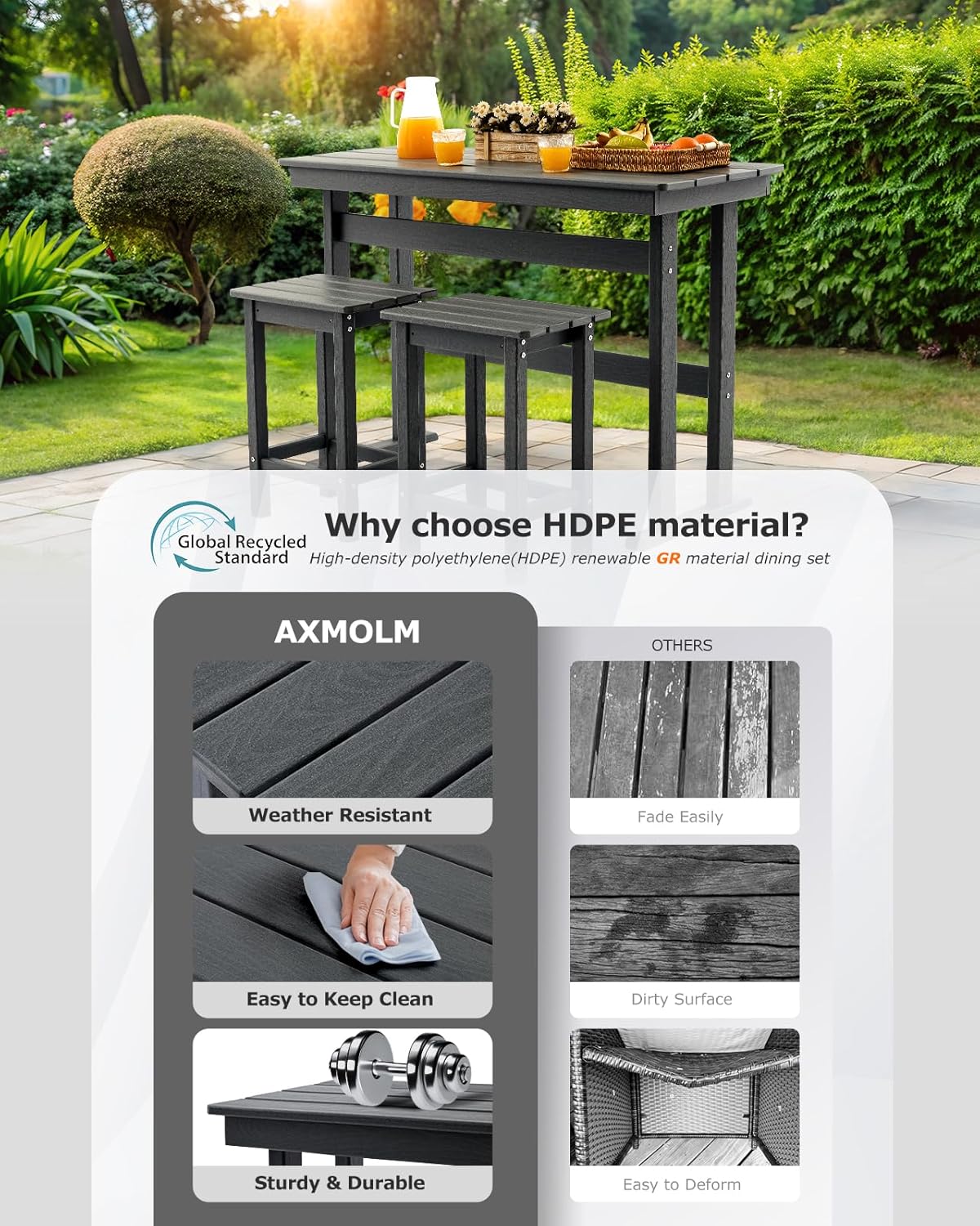 HDPE 2 Piece Outdoor Bar Height Stools, All-Weather Patio High Top Bar Stools, Outdoor Bar Chairs with Cushions for Balcony, Backyard, Garden, Deck (Dark Grey, Bar Stools)