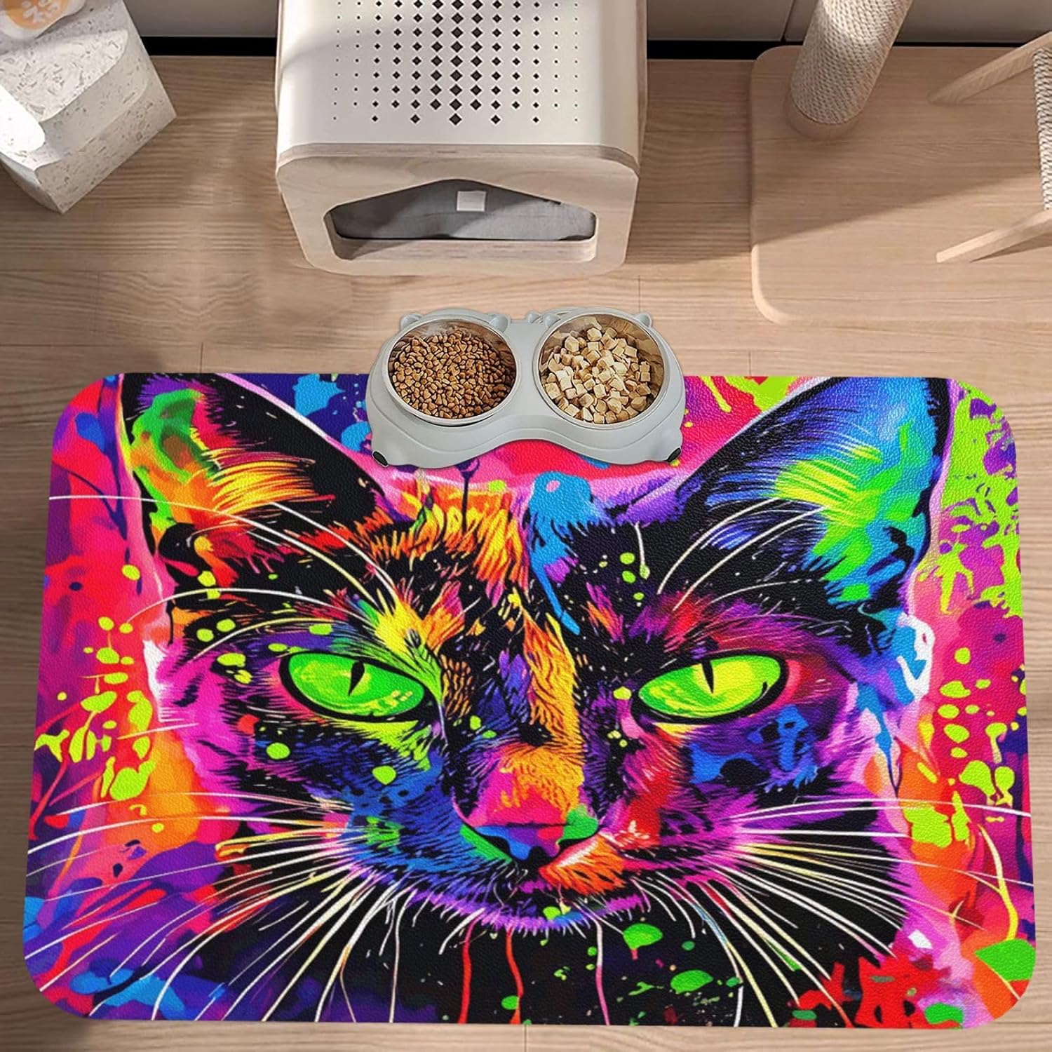 Colorful Cat Dog Food Mat, Leather Pet Feeding Mat, Cat Mat for Food, Absorbent Pet Placemat for Indoor Outdoor Water Bowl 40x60cm