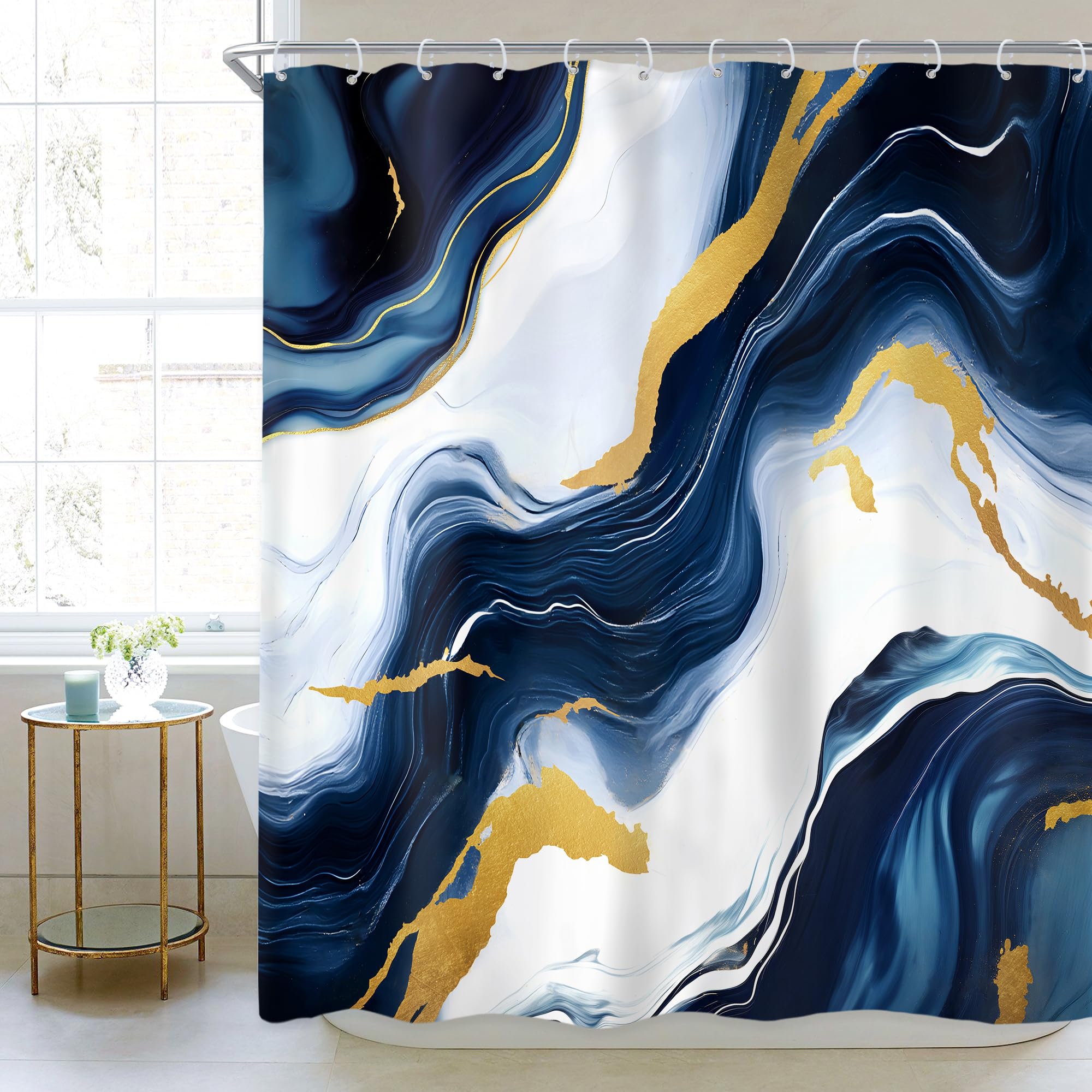 Newsely Navy Blue Fluid Gold Marble Shower Curtain 60Wx72L Inch Abstract Modern Luxury Cracked Lines Veins Texture Liquid Bathroom Set Aesthetic Waterproof Bath Decoration Accessories Home Decor