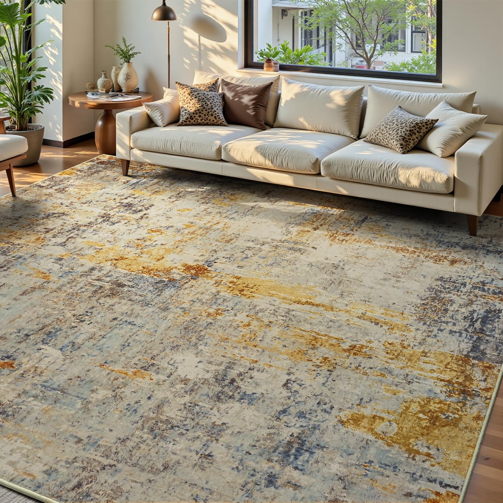 Ompaa Living Room Rug 6x9 Beige Area Rug Machine Washable Boho Rug Non Slip Abstract Vintage Indoor Large Rugs for Bedroom, Classroom, College Dorm, Farmhouse, Dining Room, Kids Playroom — image 1