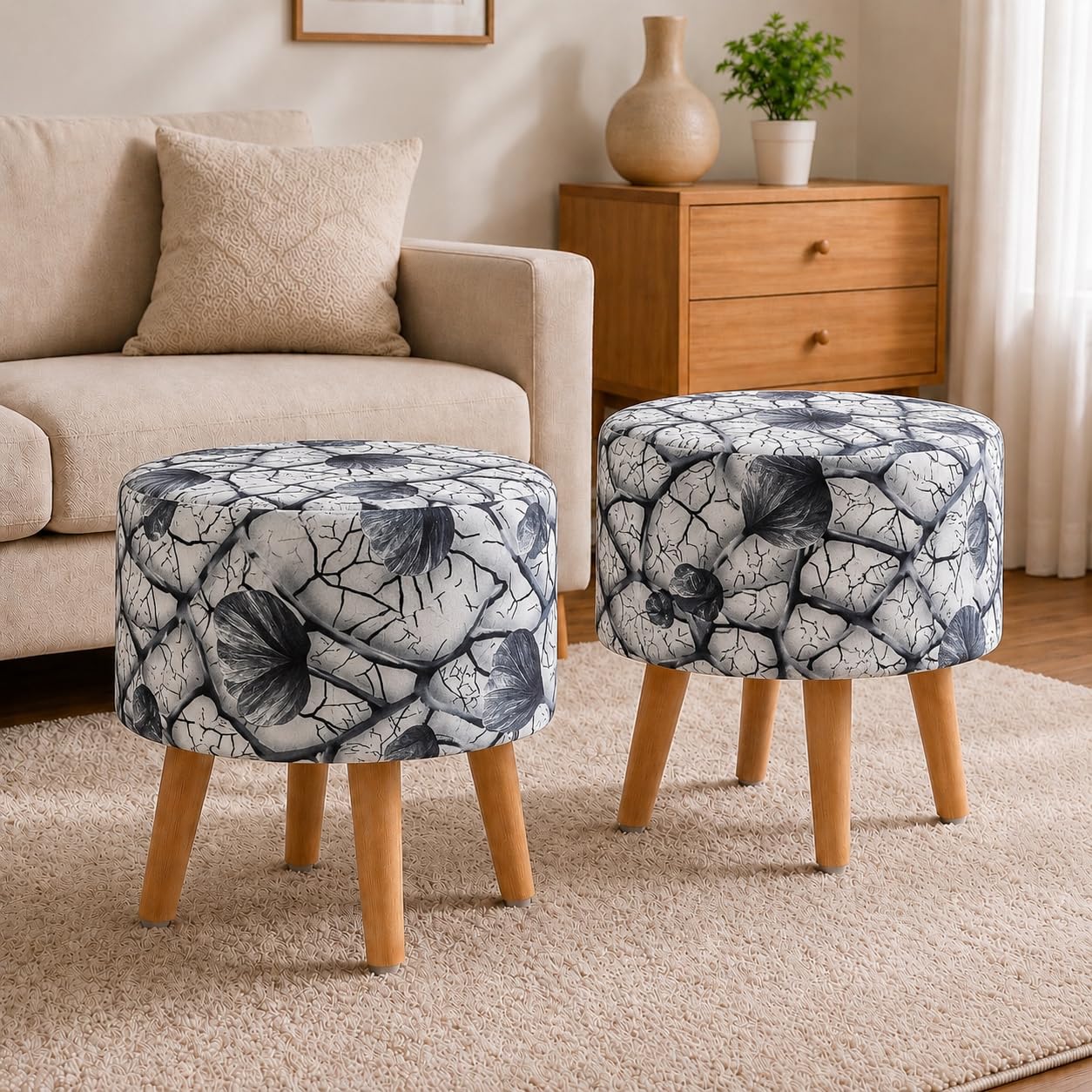 Zenture Printed Puffy Stools for Home Printed Ottoman Stool Set of 2 Bench for Living Room Sitting Wooden Round Foot Rest Pouf for Home Decoration Pouffes for Dressing Table-image-20