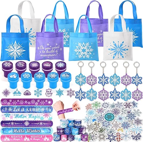 Winrayk 98 piezas de regalos de fiesta de copo de nieve suministros de cumpleaños, bolsa de mano no tejida, sello de copo de nieve, llavero de copo