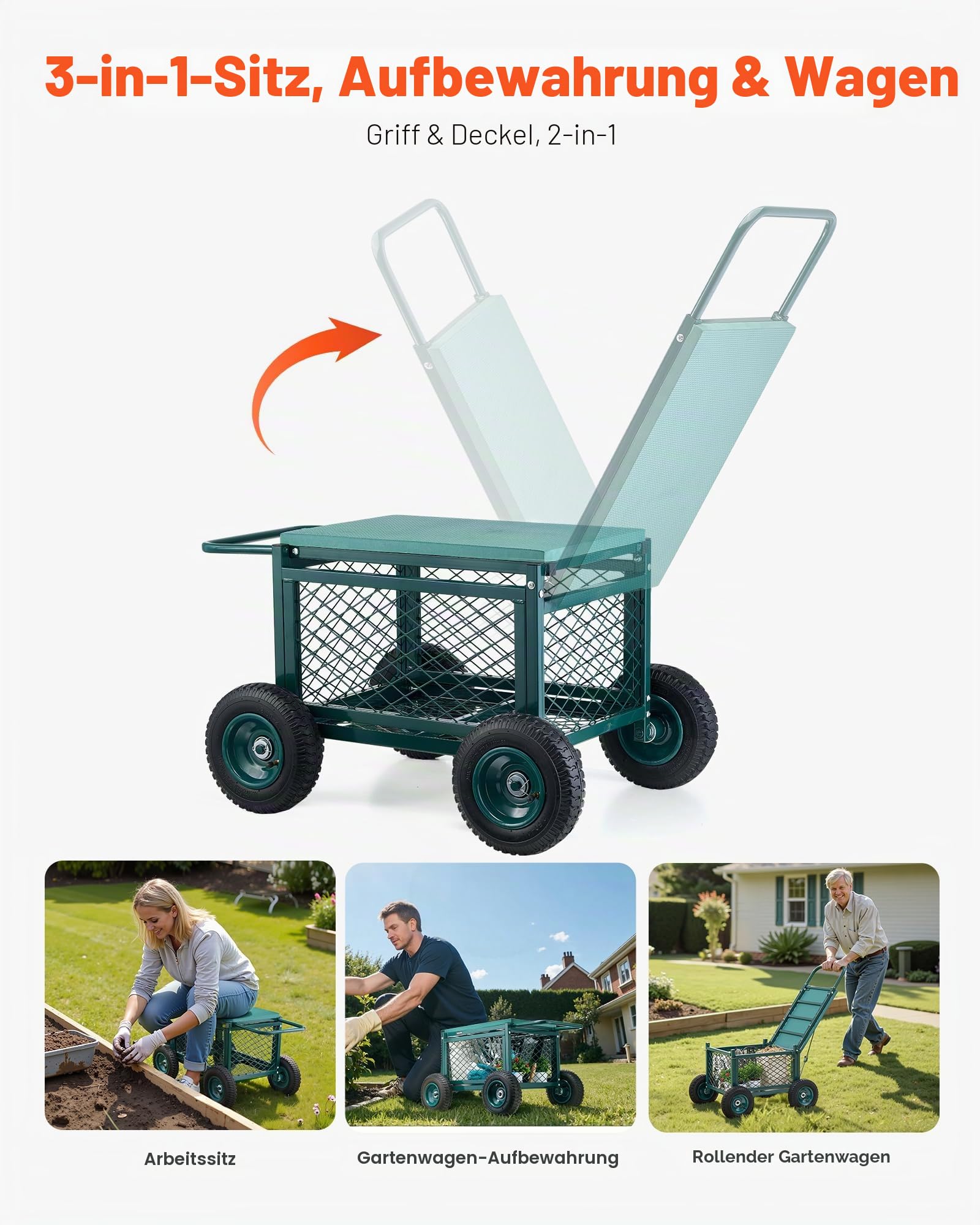 VEVOR Gartenrollsitz 760x520x440 mm, Rollbar Gartensitz aus Metall mit Rädern, trägt bis zu 180 kg, Rollsitz, Outdoor-Wagen und Hocker auf Rädern für Rasen, Terrasse, Hinterhof