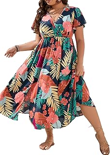 Women's Plus Size Boho Floral V Neck Short Sleeve A Line Long Dress