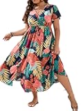 Women's Plus Size Boho Floral V Neck Short Sleeve A Line Long Dress