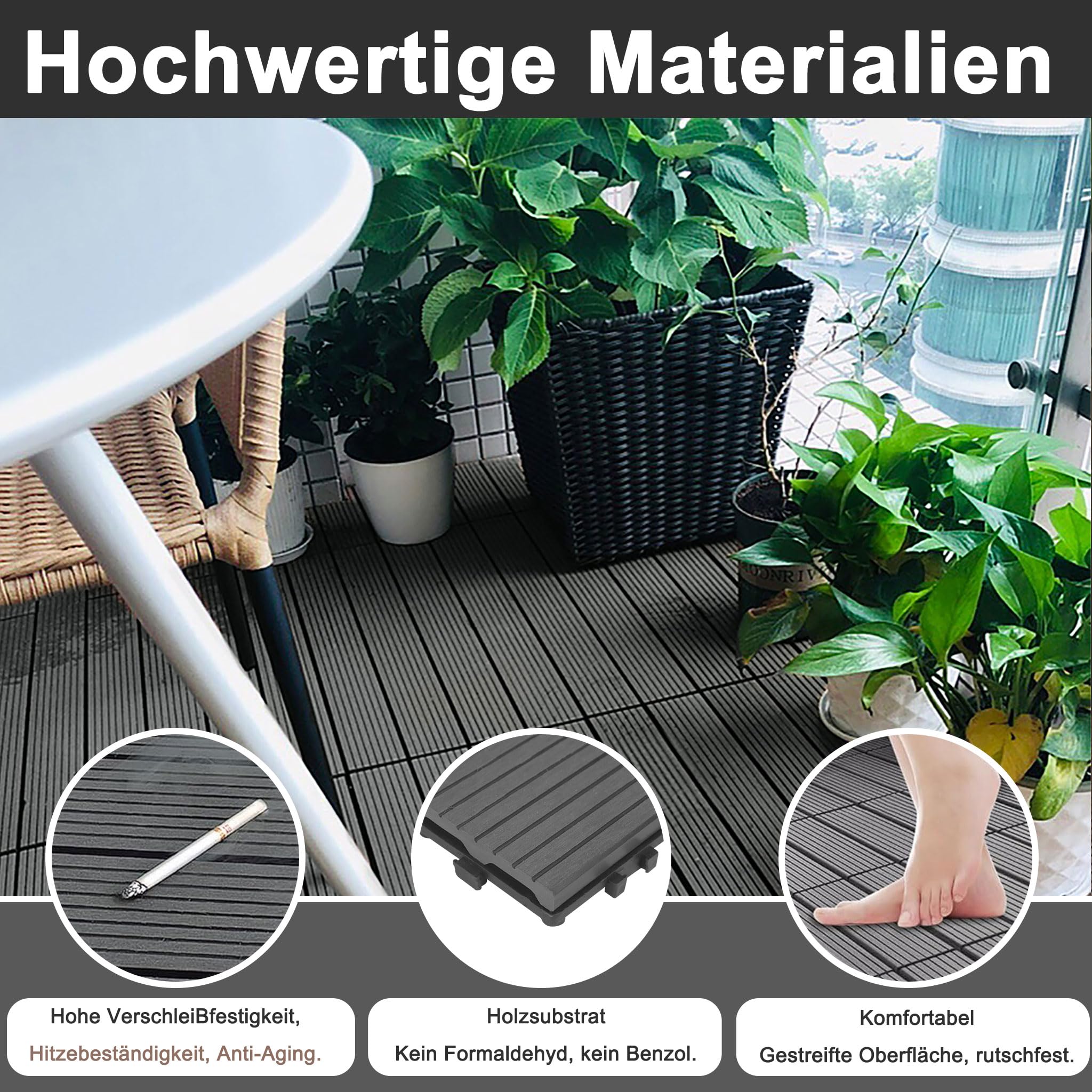 Aufun 6 Stück WPC Terrassenfliesen Kunststoff Bodenfliese Gartenfliesen Klickfliesen Holzoptik mit klicksystem, 30x60cm Filterbares Wasser Premium Fliese Terrassendielen für Balkon (1 m², Anthrazit)