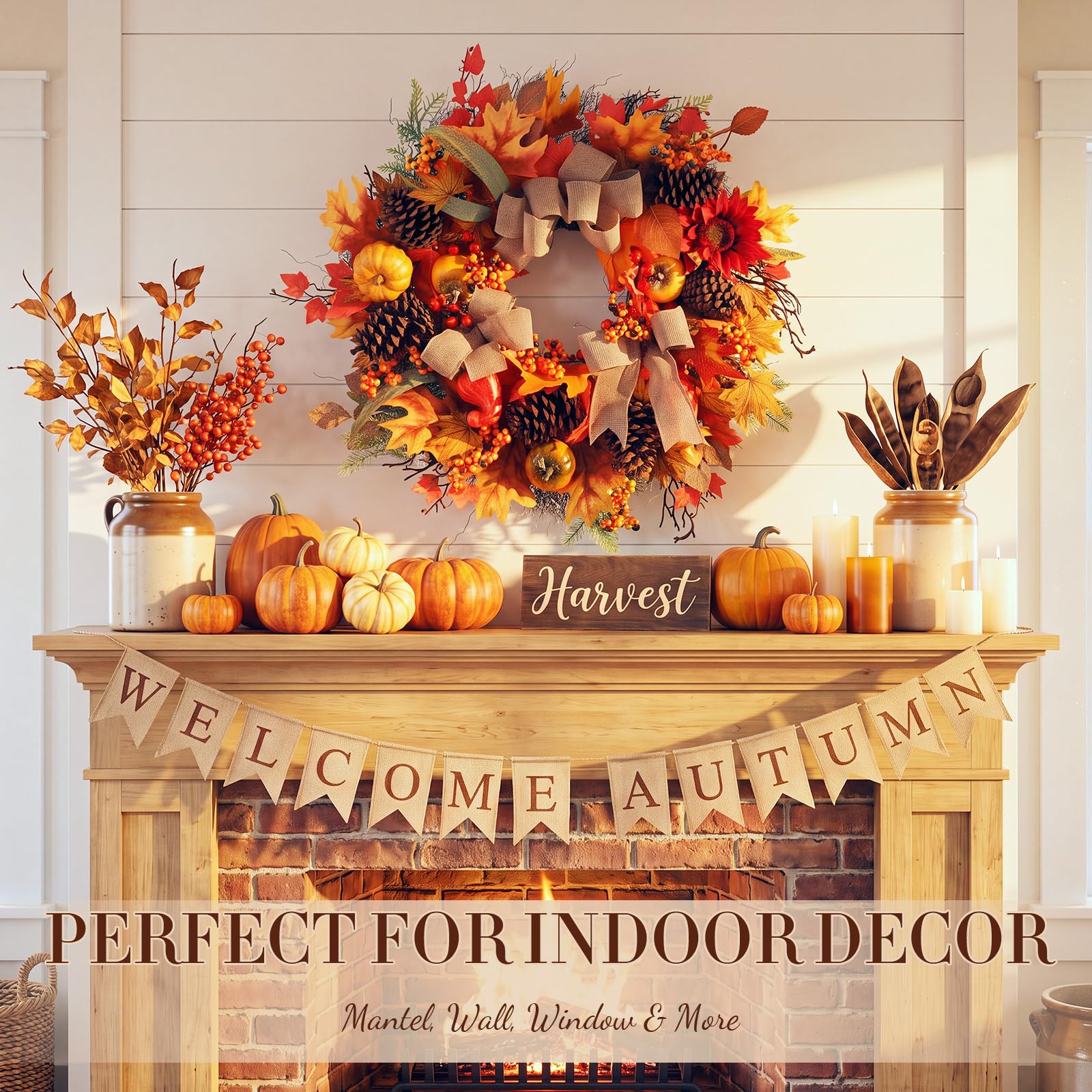 Thiccywoov Couronnes d'automne pour porte d'entrée de 71,1 cm, couronne de feuilles d'érable artificielles avec citrouilles, baies, pommes de pin, décorations de porte pour mur, porche, maison