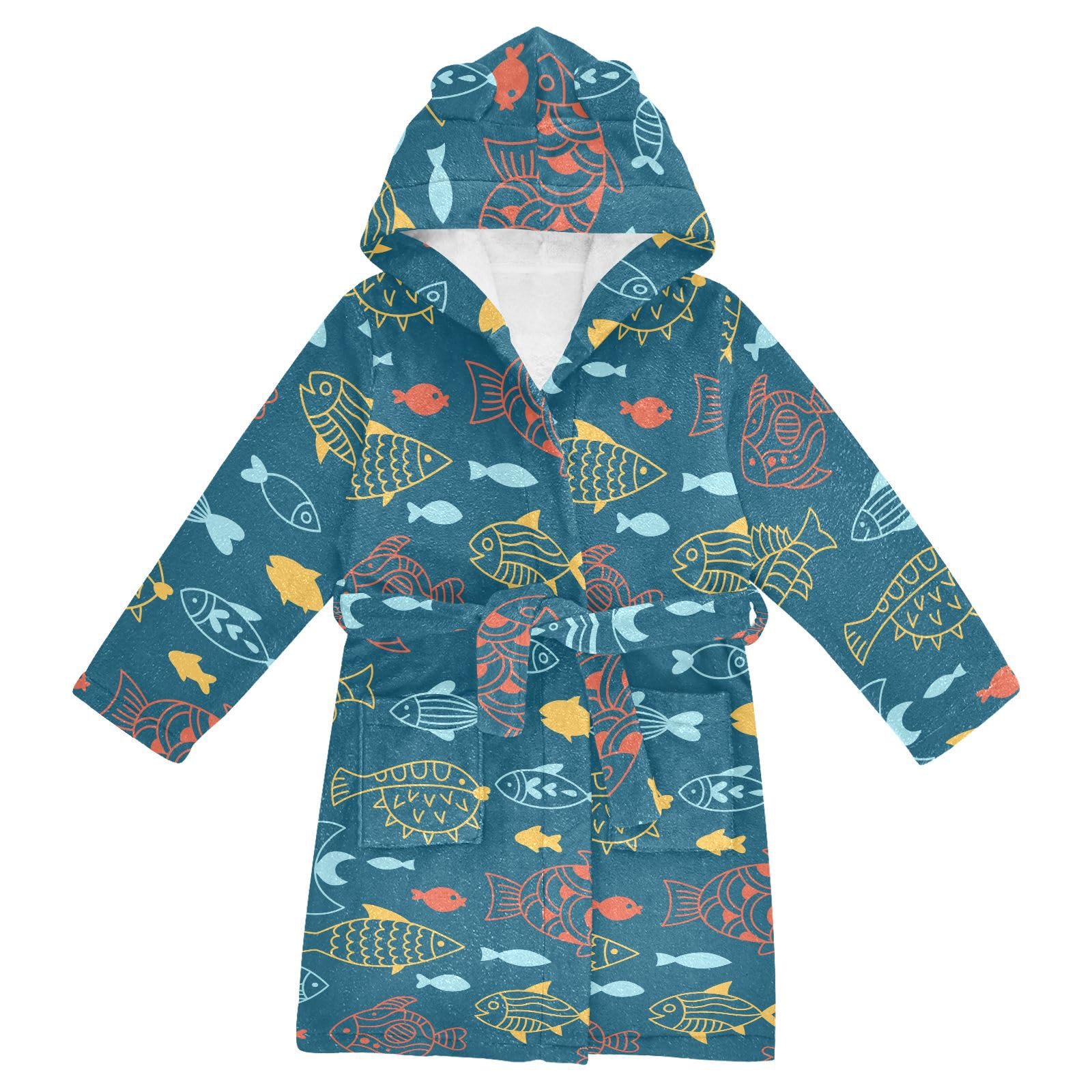 WIFIU Toddler Baby Hooded Bathrobe for Boys Girls Fish Abstract Tropical Printed, Soft Plush Bath Towel Robe with 2 Pockets Doodle Pattern for 7-9 Years