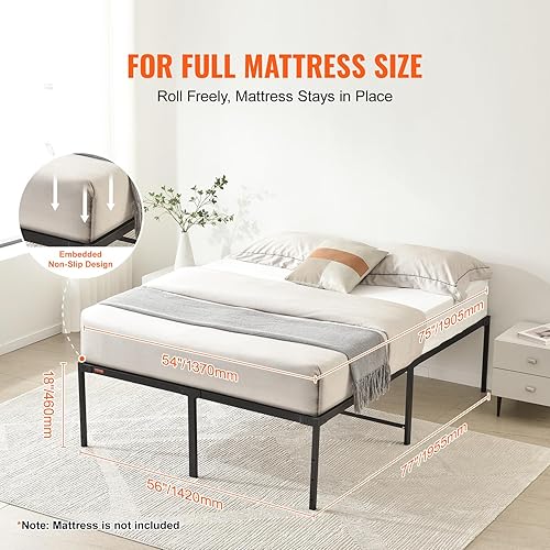 Miniatura 3 de VEVOR Base de cama de metal de 18 pulgadas, no necesita somier, capacidad de carga de 1500 libras, base de colchón resistente con soporte de