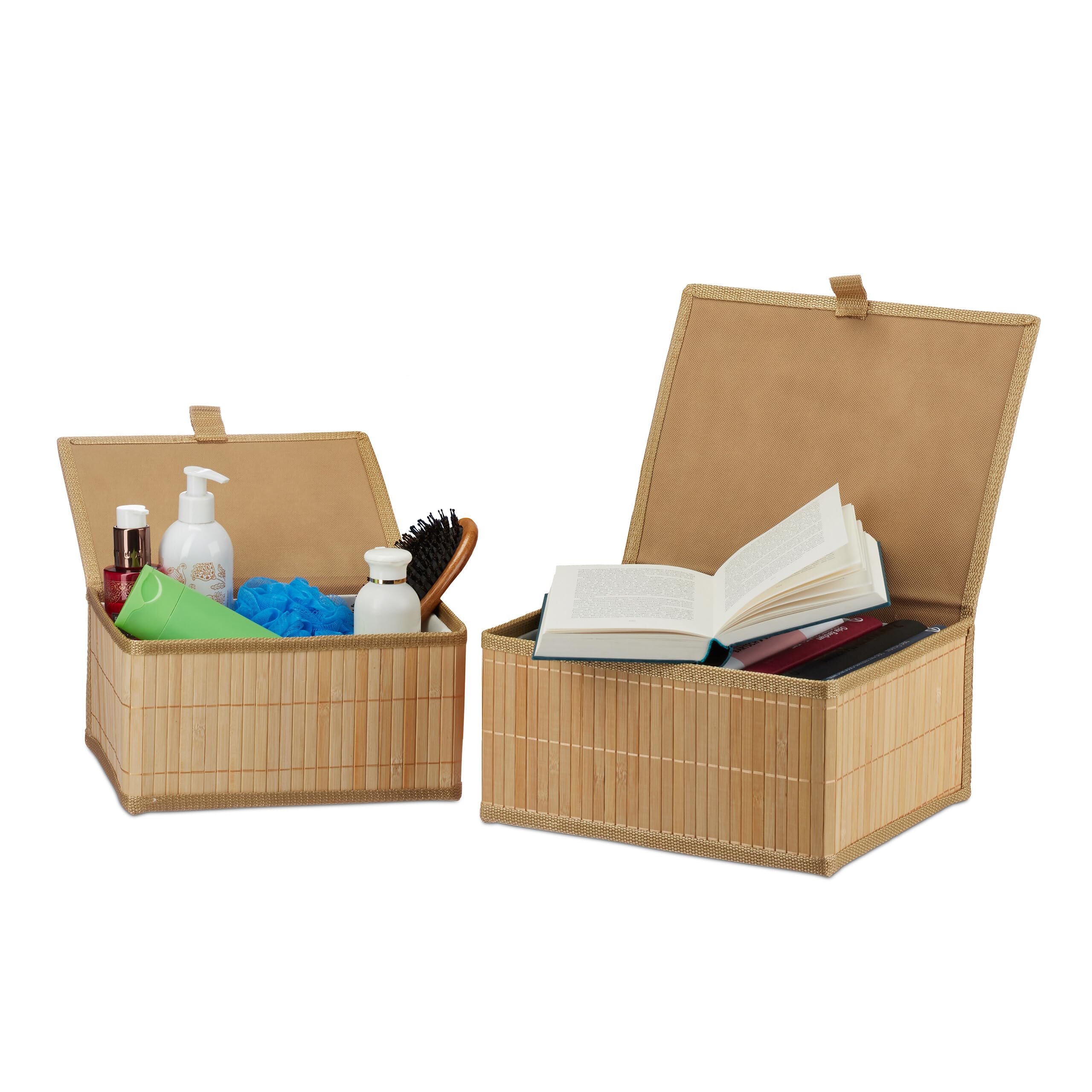 Relaxdays Storage Box, Set of 2, 2 Sizes, with Lid, Bathroom, Shelf Tidy, Bamboo & Fabric, Multipurpose Organiser, Brown