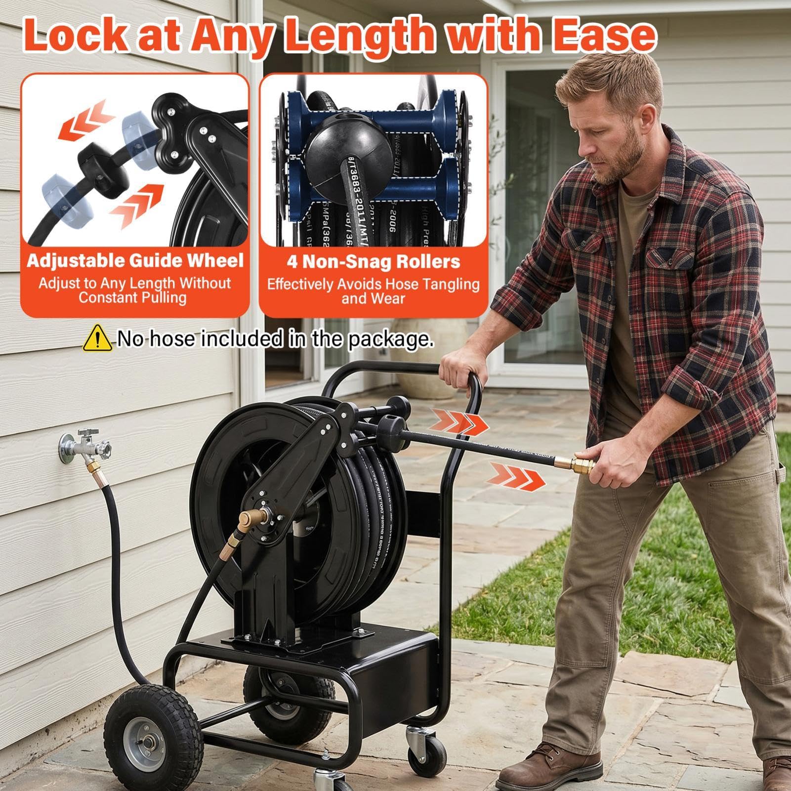 Carrete de manguera retráctil de alta presión de acero pesado retráctil automático de 15 m x 0,95 cm con manguera corta de 1,5 m, 4000 PSI con articulación giratoria de 360 grados