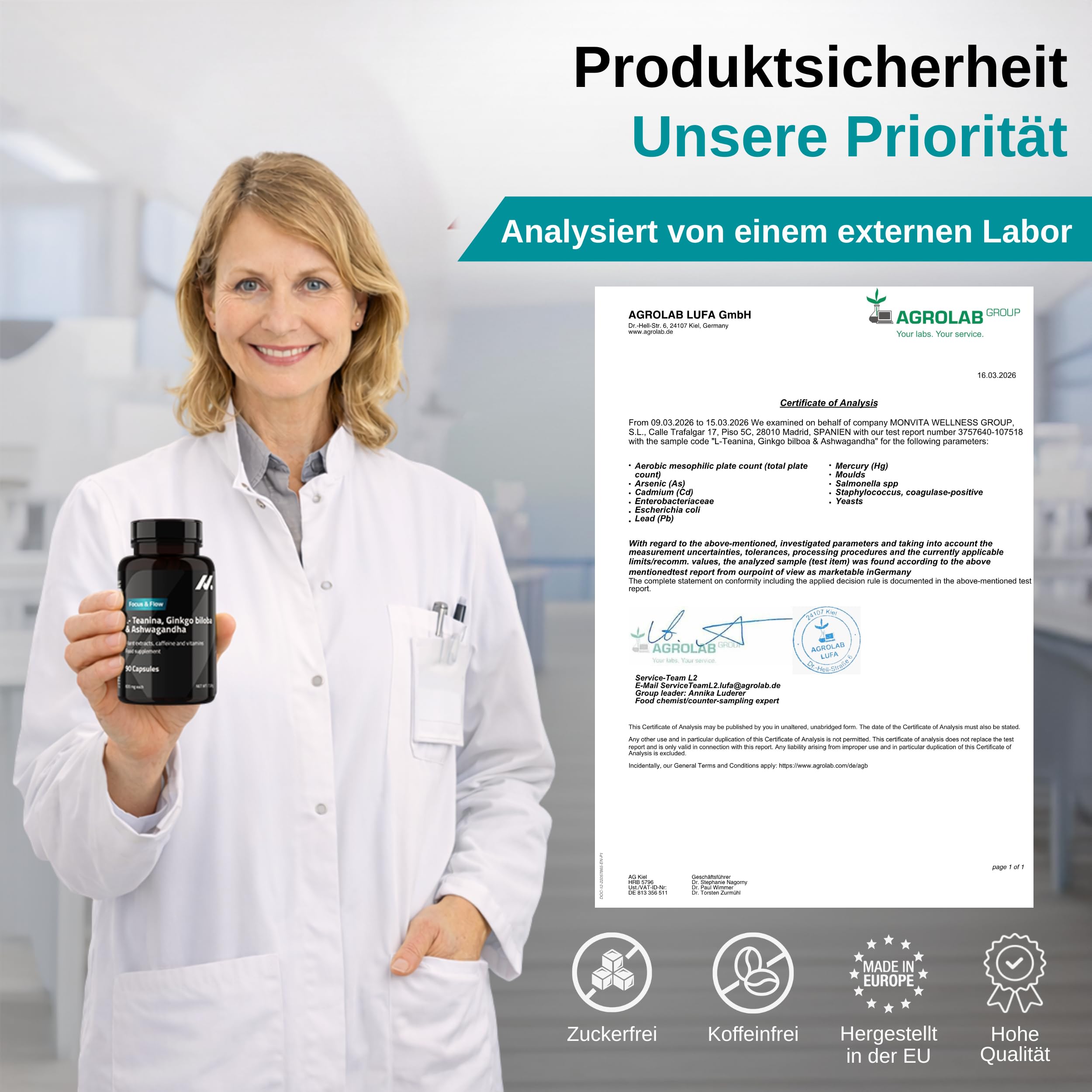 L Theanin, Ginkgo Biloba, Ashwagandha – Nootropic mit Bacopa Monnieri, natürlichem Koffein, Vitamin B6 & B12 hochdosiert | Focus, Konzentration & Energie ohne Nervosität | 90 vegane Kapseln