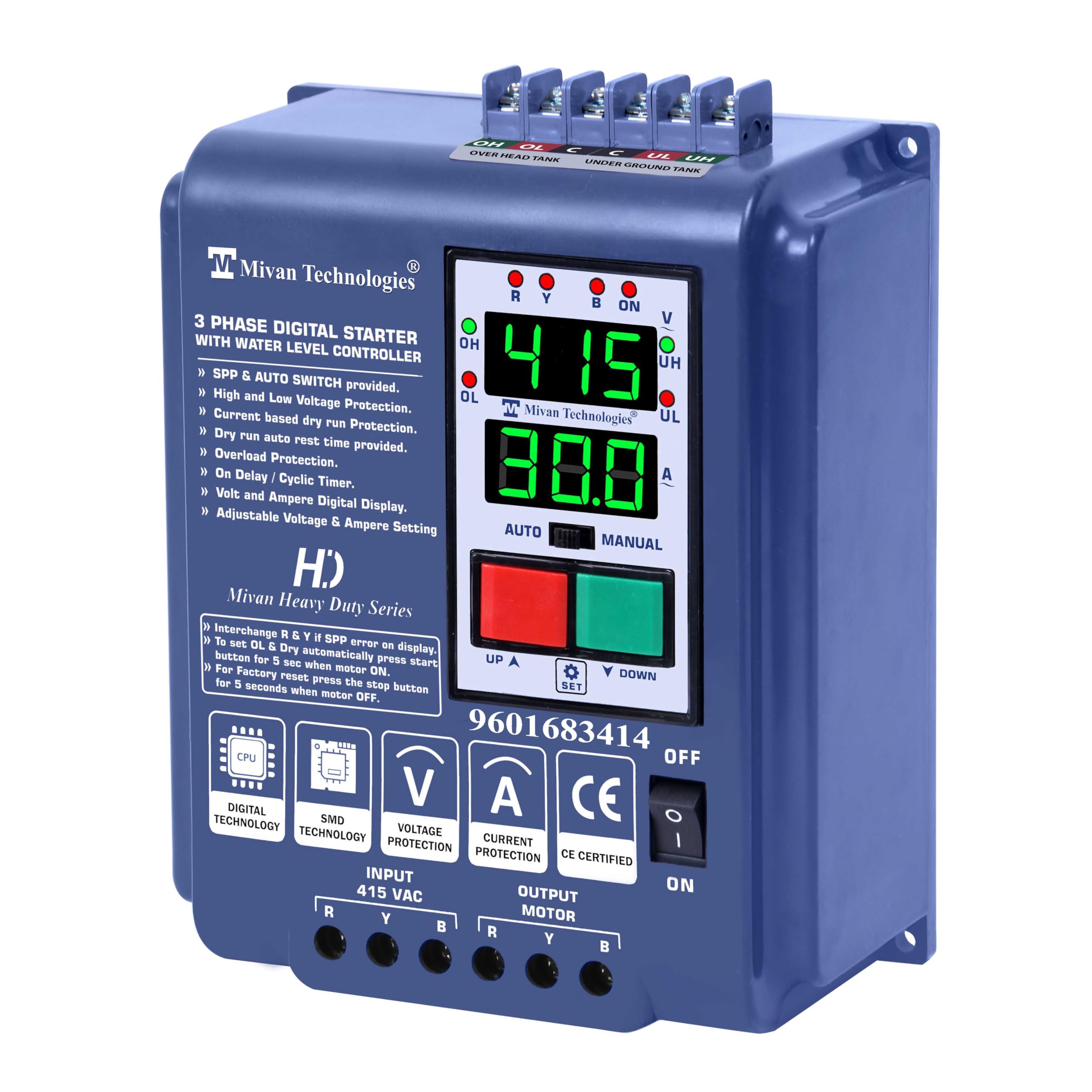 DP 301 LLC HD 3 phase water level controller with DOL DIGITAL starter suitable for motor up to 10 HP with HV LV OL DRY protection with SPP, AUTOSWITCH, TIMER