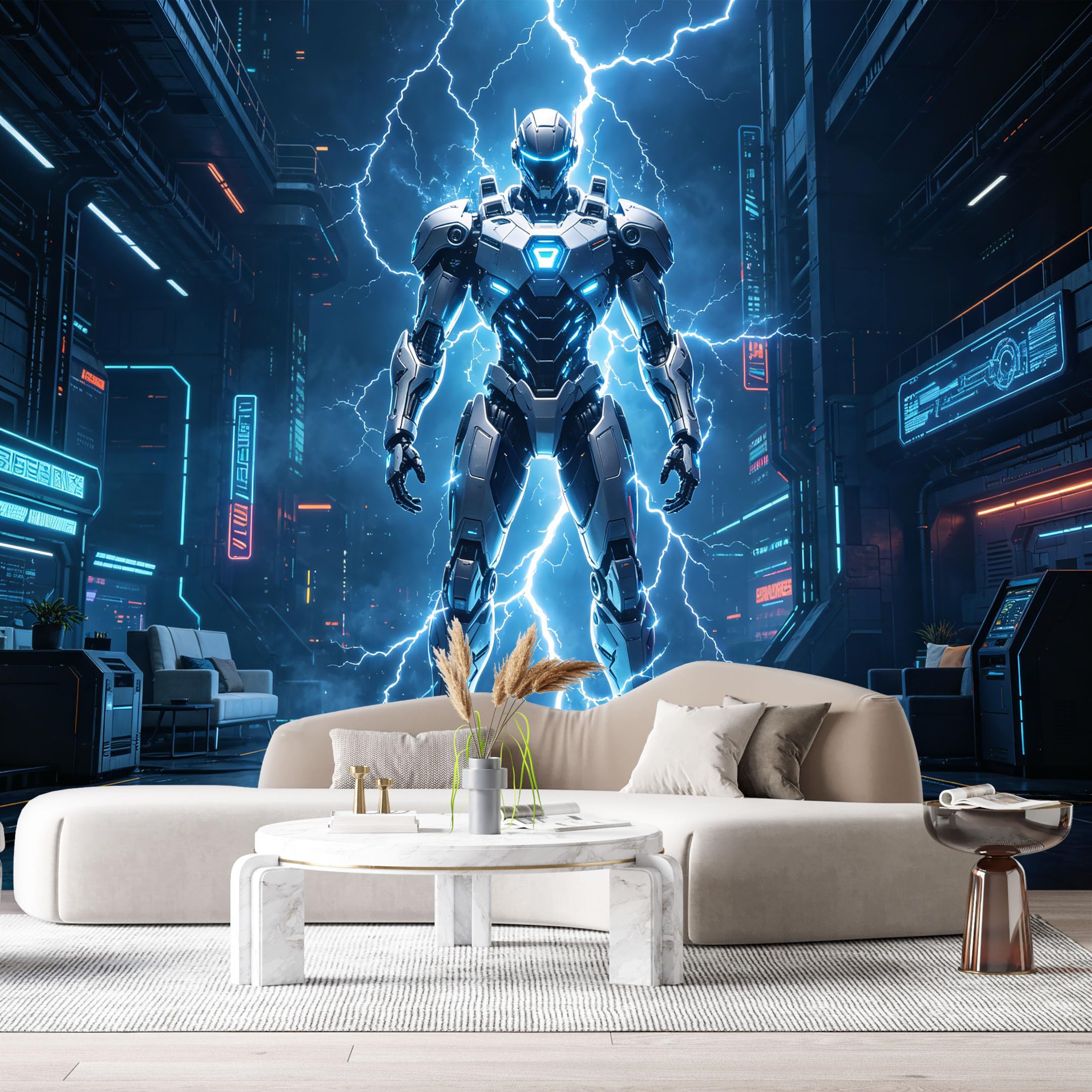Custom Size Wall Murals Futuristic Cyberpunk Robot SciFi Modern Industrial 3D Electric Lightning Tech City SelfAdhesive Wall Fabric Removable Large Wallpaper for Living Room