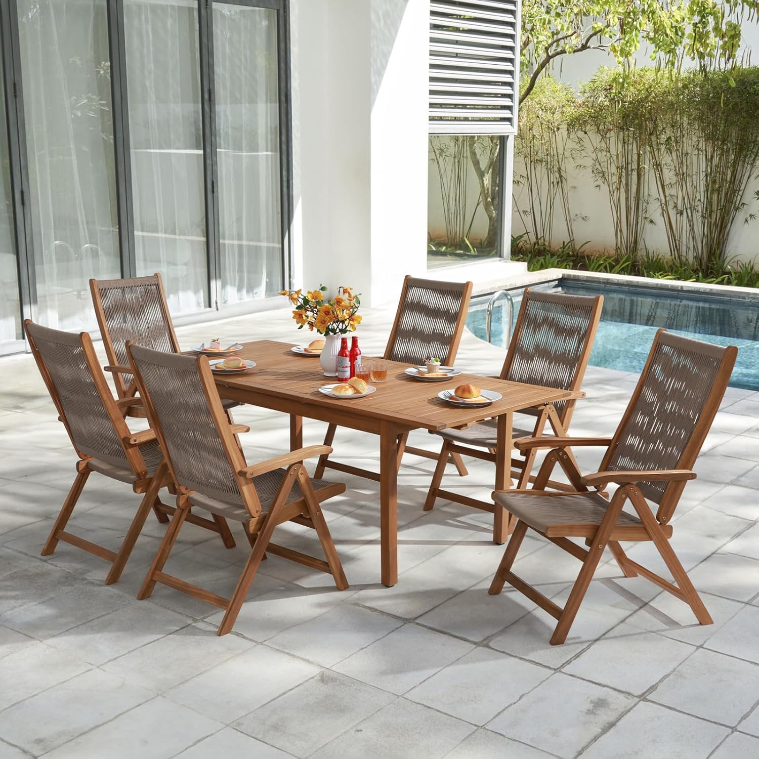 OC Orange-Casual Folding Patio Dining Chair Set of 2, Outdoor Acacia Wooden Rope Reclining Chair w/Armrest, Solid Wood, for Porch, Backyard, Garden, Indoor, Beige