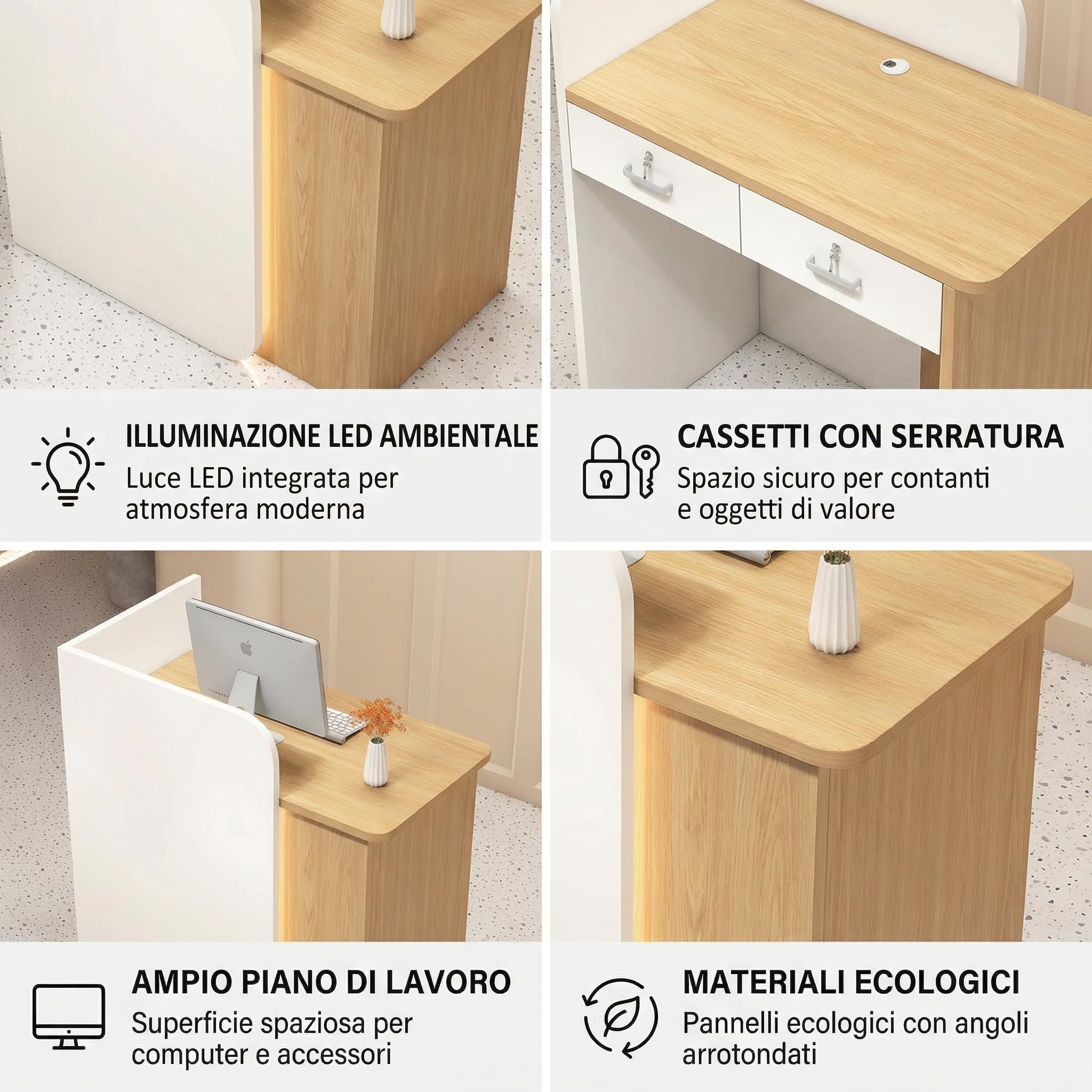 Bancone cassa piccolo e moderno Dotato di luci LED Cassetti con serratura per garantire la sicurezza degli oggetti di valore Ideale per negozi, centri estetici e parrucchieri.Color bianco 95*45*100/14