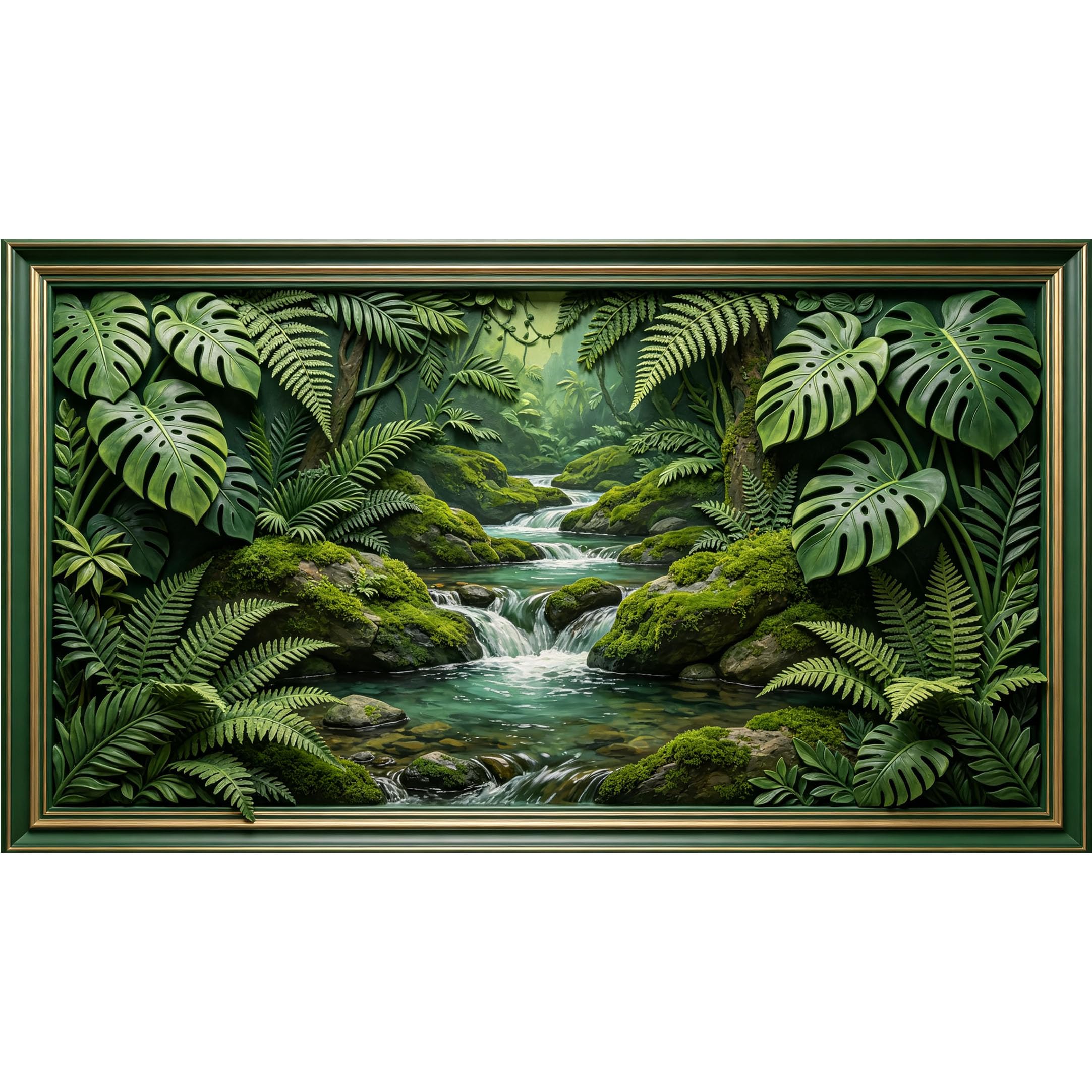 QZLITHOTIC 50x90cm3D Framed Wall Art， Tropical Jungle Waterfall Botanical Self‑Adhesive Mural， Water‑Activated Peel & Stick Fabric Decor Wall Decal for Bedroom Living Room