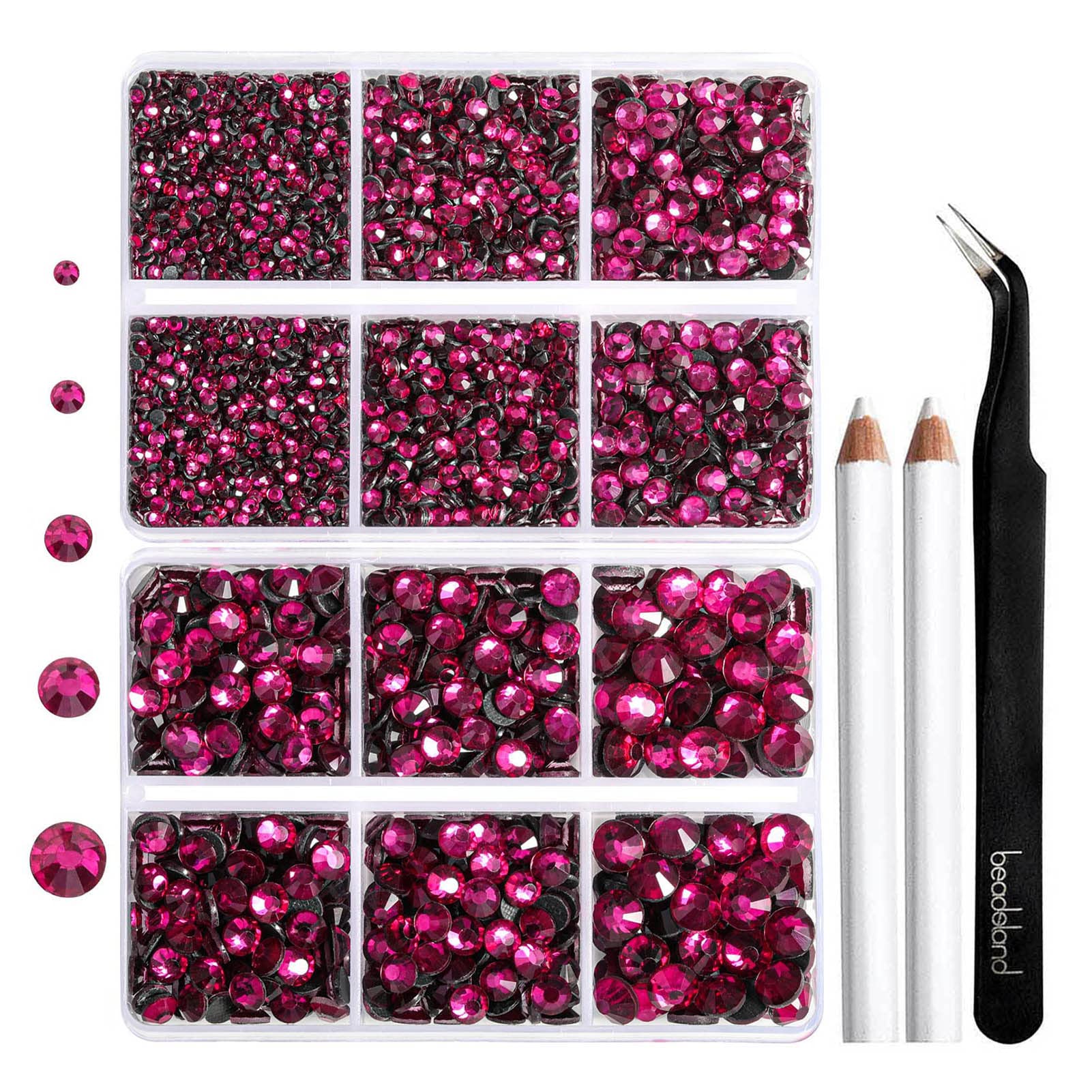 6736pcs Hotfix Rhinestones Flatback,Hot Pink Rhinestones for Crafts Clothes Mixed 5 Sizes, Hotfix Crystals with Tweezers and Wax Pencil Kit, SS6-SS30,Fuchsia — image 1