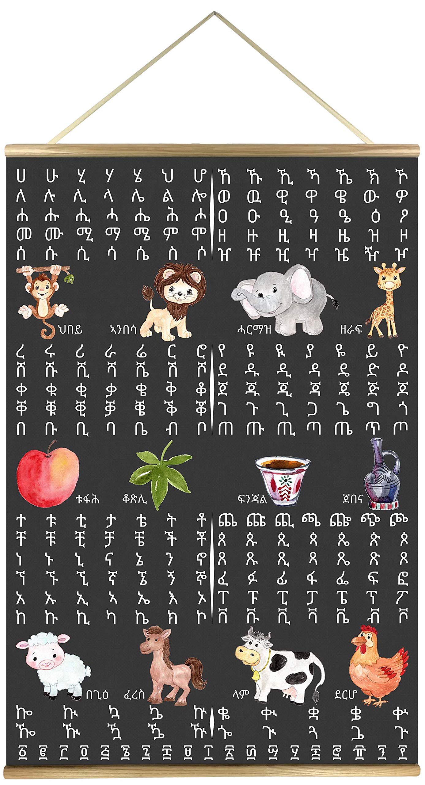 ZulaDesign Geez Tigrigna Alphabet Canvas Poster with Clip Art and Tigrinya Words, 24 by 36 Inches Dark Grey