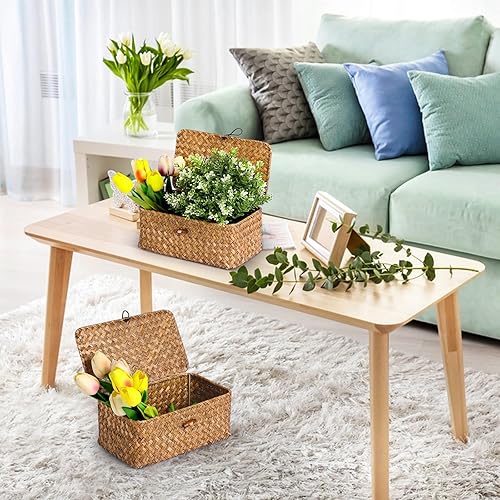 Miniatura 7 de Cesta de almacenamiento decorativa con tapa, juego de 3, contenedores de almacenamiento de hierba marina tejida para estantes para organizar, cestas