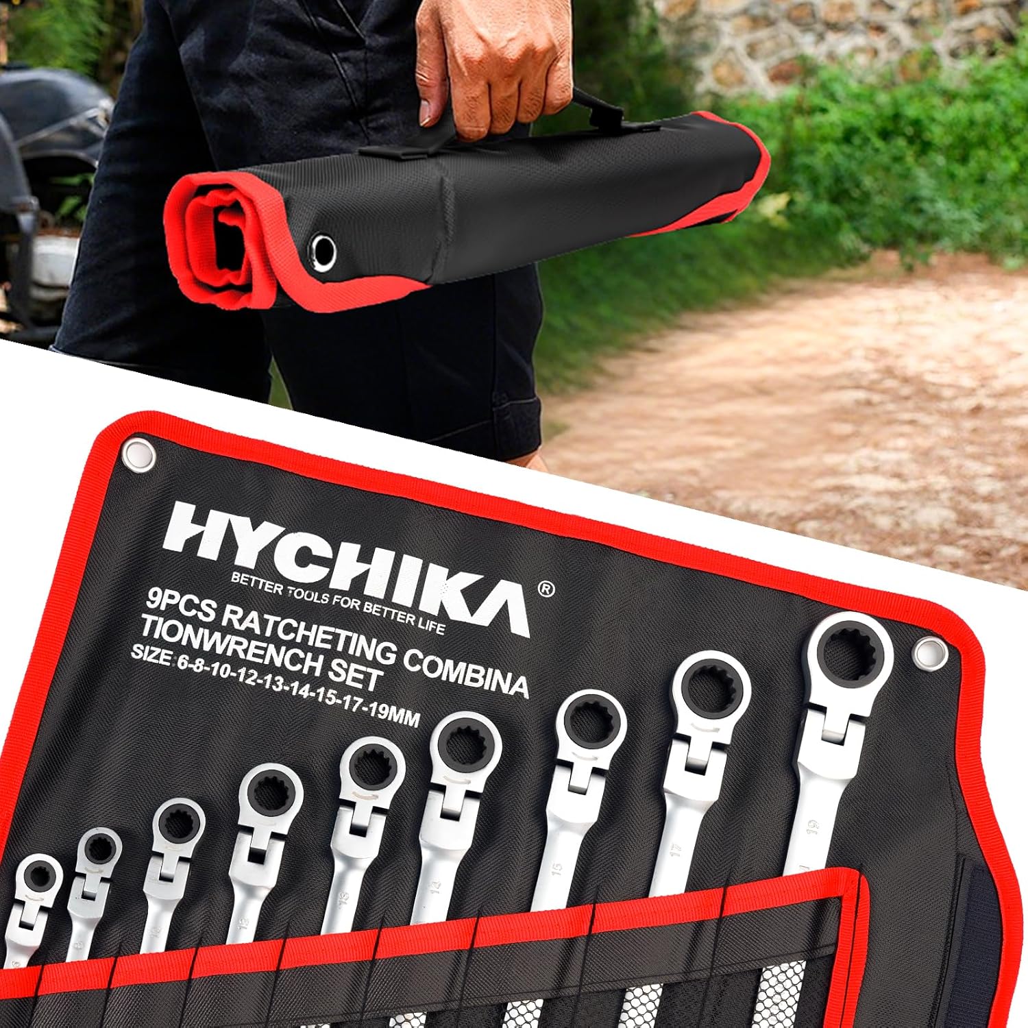 HYCHIKA wrench set stored in its roll-up bag, being carried