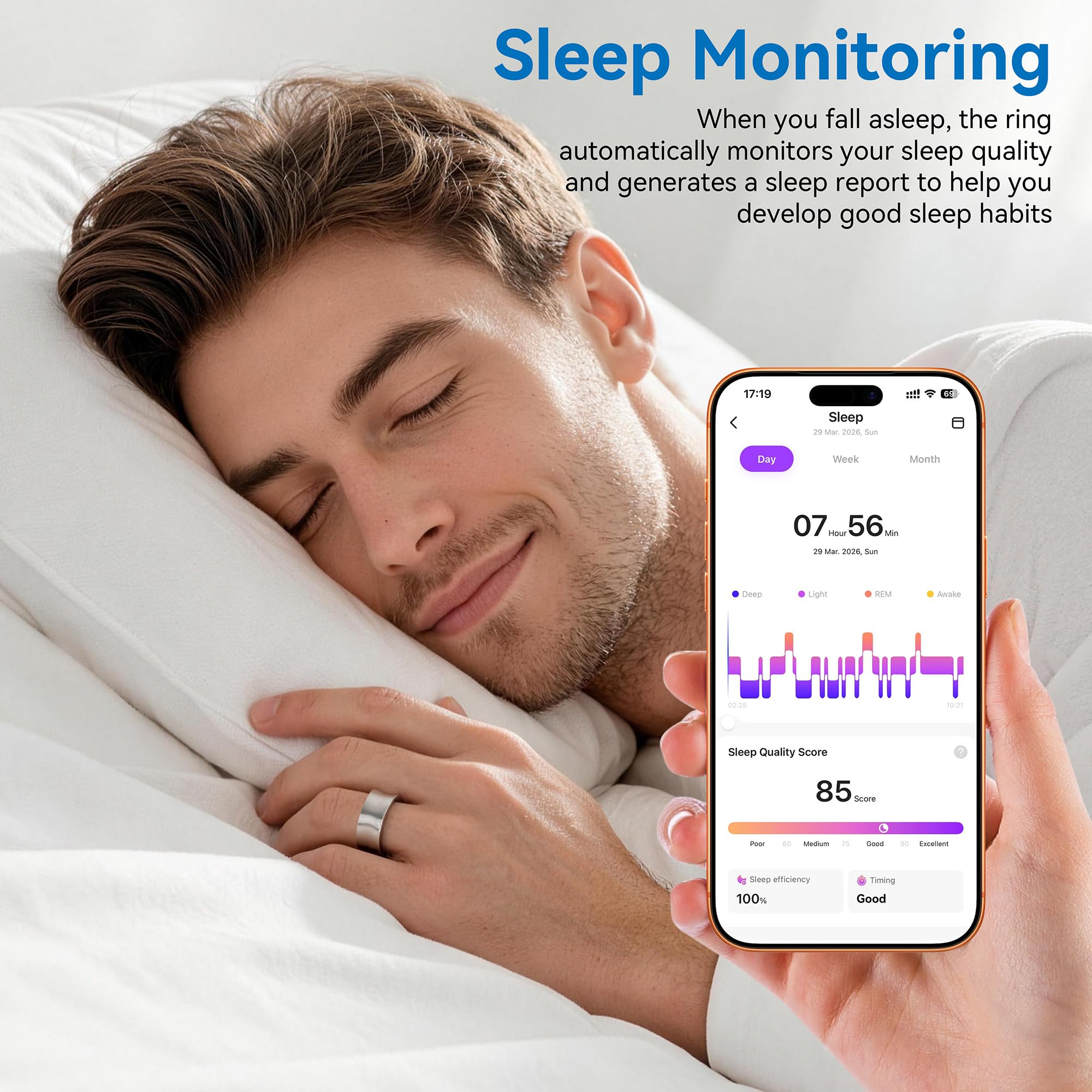 Ankink Bague intelligente pour homme et femme, étanche IP68, pas de frais | Moniteur de fréquence cardiaque 24h/24, 7j/7, rappel de stress et de cycle, SpO2, suivi du sommeil, pour Android et iOS