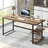 FOLUBAN 60 Inch Home Office Desk, Large Computer Desk with Storage Shelves, Modern Wood and Metal Writing Study Gaming Table Workstation for Living Room, Rustic Oak