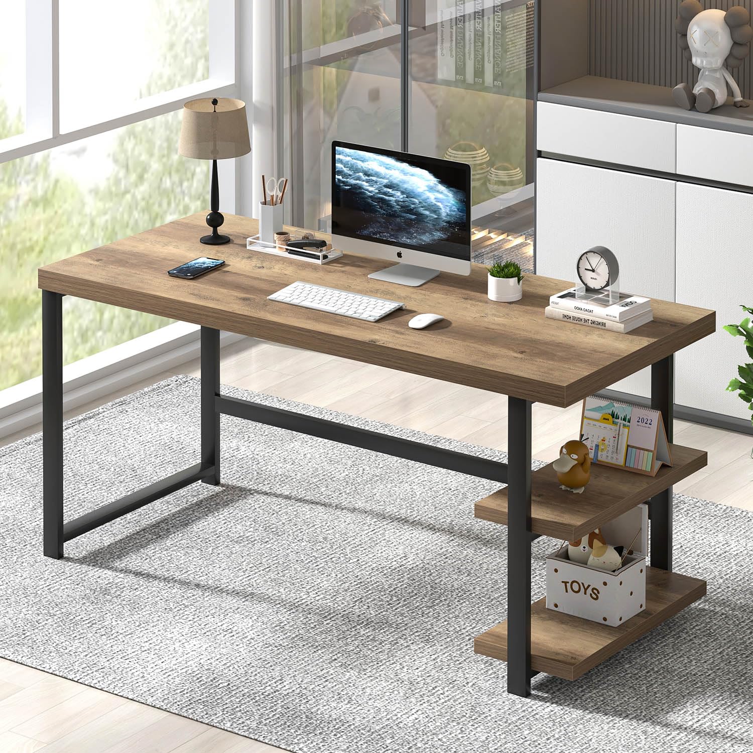 FOLUBAN 60 Inch Home Office Desk, Large Computer Desk with Storage Shelves, Modern Wood and Metal Writing Study Gaming Table Workstation for Living