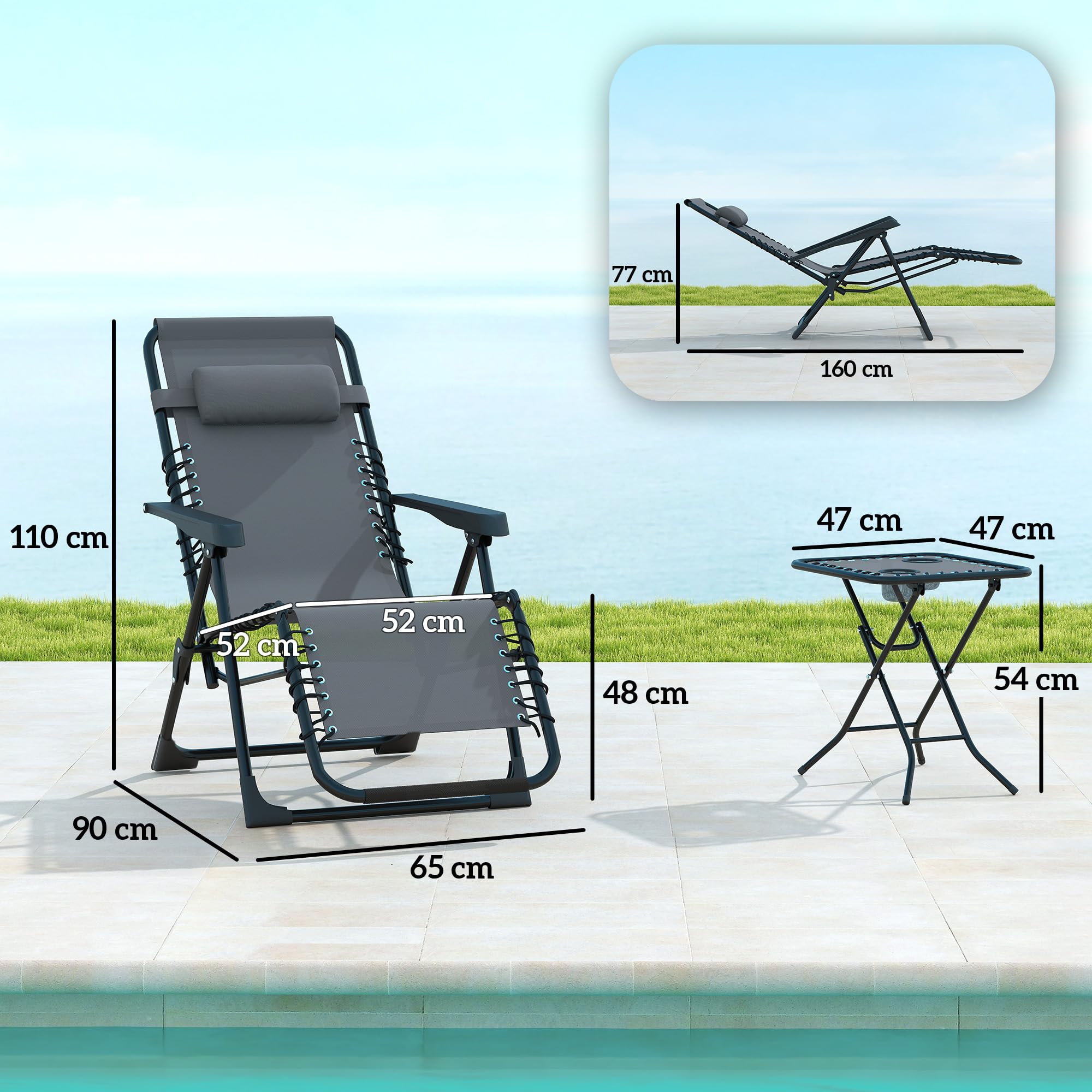 Outsunny Lot de 2 Chaise Longue gravité zéro - Ensemble transat 3 pièces avec Table d'appoint et Porte-gobelets - Bain de Soleil Pliable, Dossier réglable et Appui-tête pour terrasse, Piscine, Gris