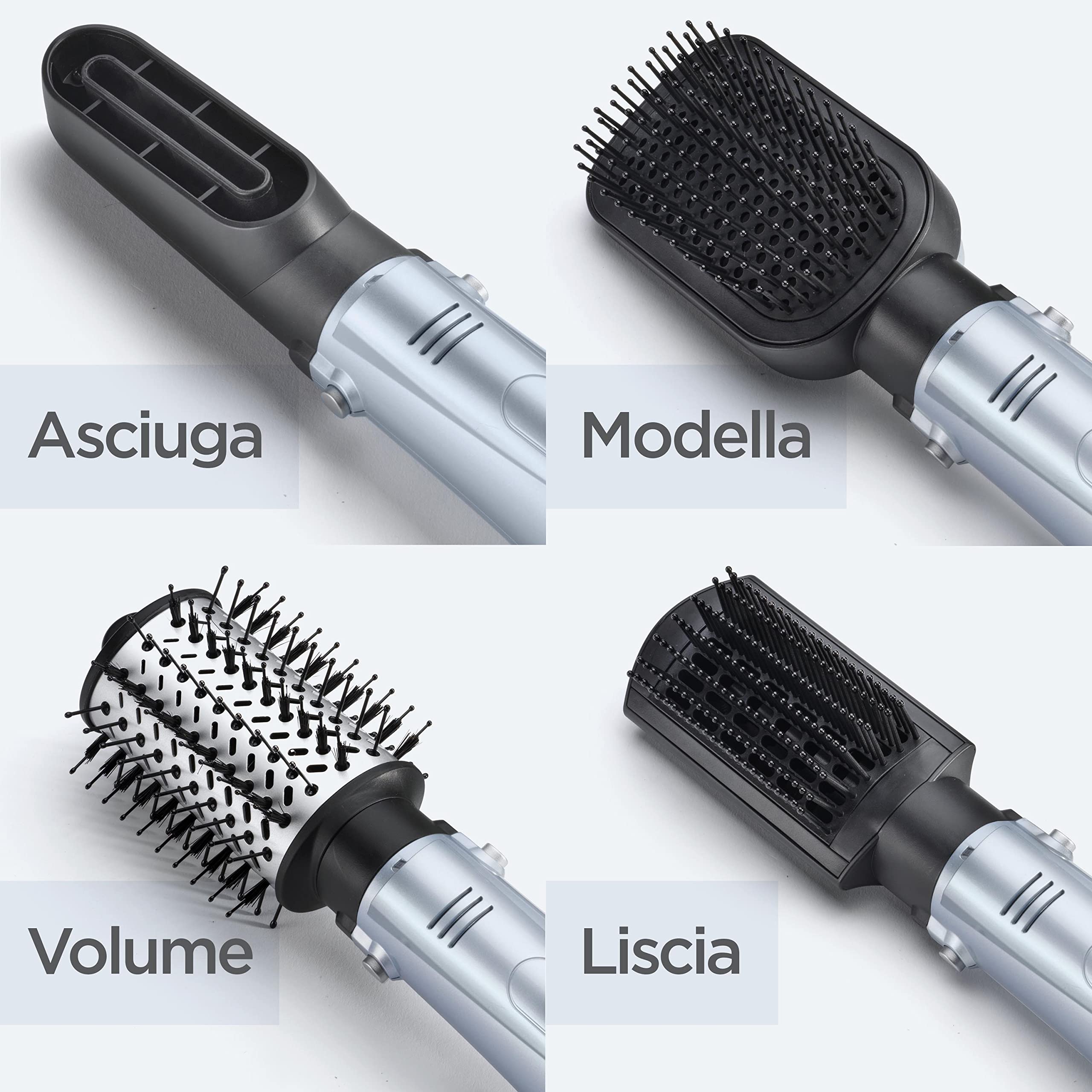 BaByliss Hydro-Fusion 4in1, Spazzola ad aria calda, 4 accessori intercambiabili, funzione ionica anti-crespo, asciuga, liscia, dona volume e modella, Azzurro, AS774E
