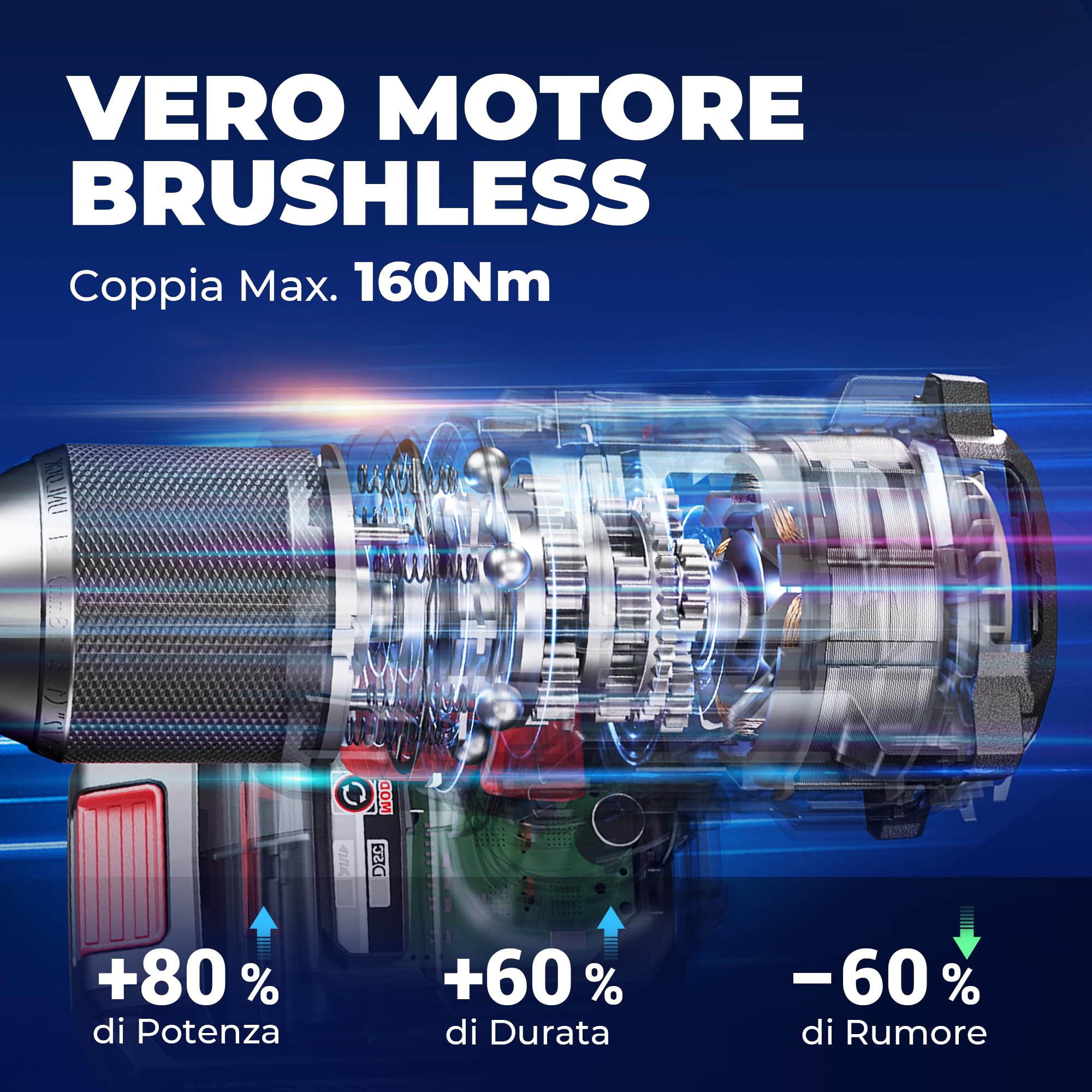 Dong Cheng Trapano a Percussione a Batteria 20V Brushless 160 Nm, Trapano Avvitatore Batteria, 1x4,0 Ah, 3 Modalità-Foratura, Avvitatura, Percussione, Mandrino 13mm, 19+2 Coppie, 2 Velocità