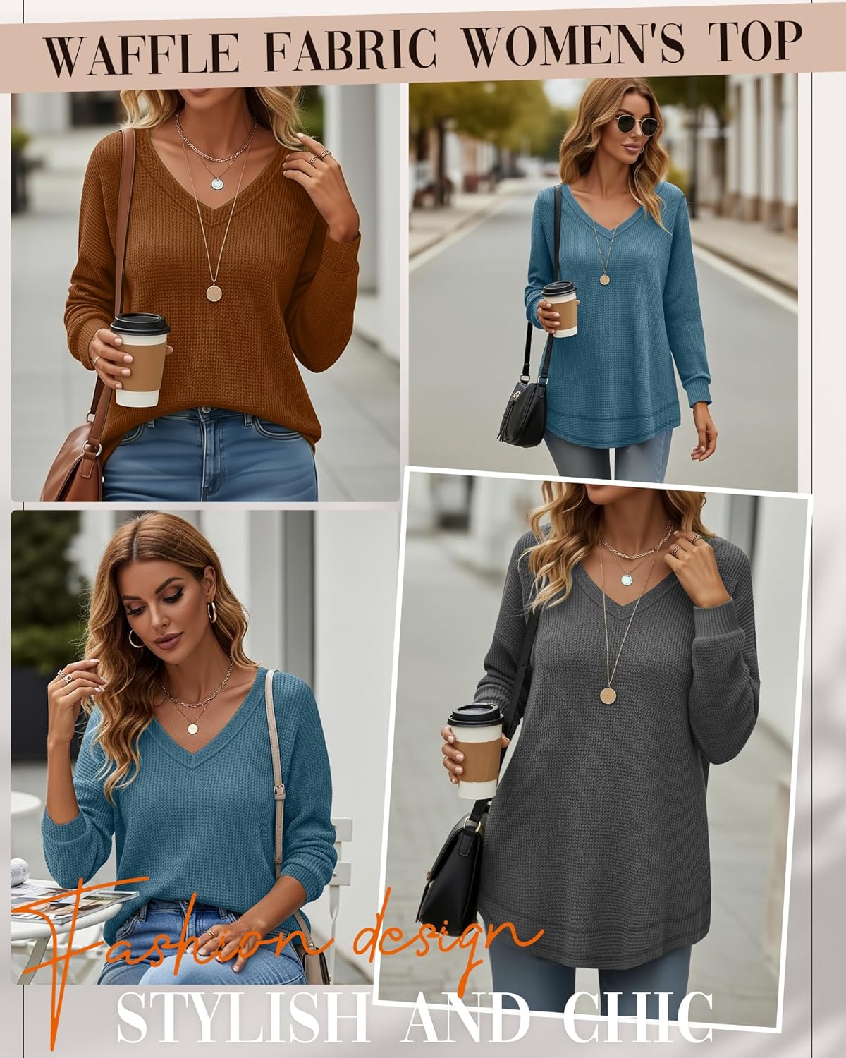 3 Pack Women's Waffle Knit Tunic Tops for Leggings Long Sleeve V Neck Sweatshirts Curved Hem Shirts 2026 Trendy - Image 2
