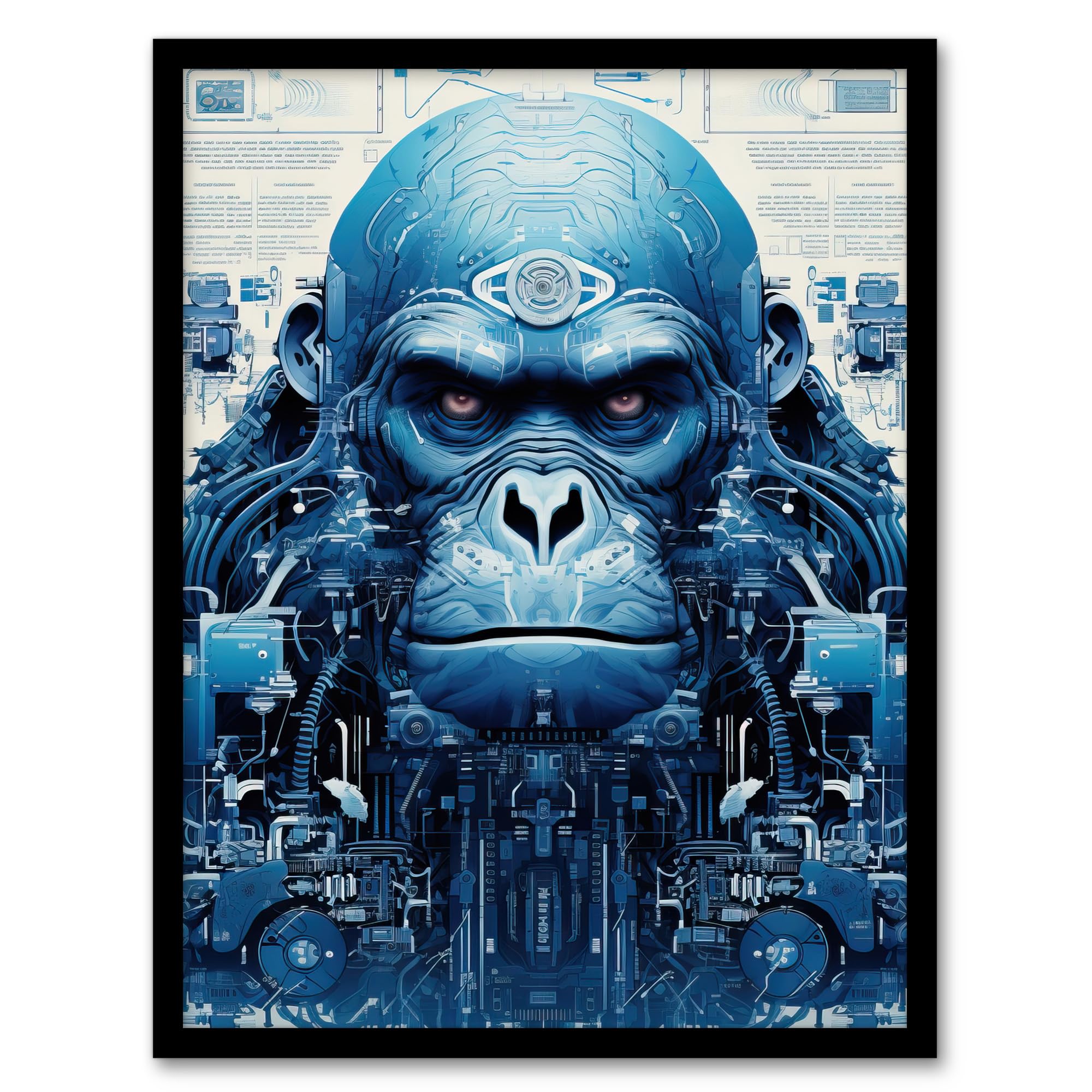 Gorilla Robot Hybrid Schematic Wall Art Print - Blue Futuristic Secret Complex Manuscript - Framed Art - A4 Size