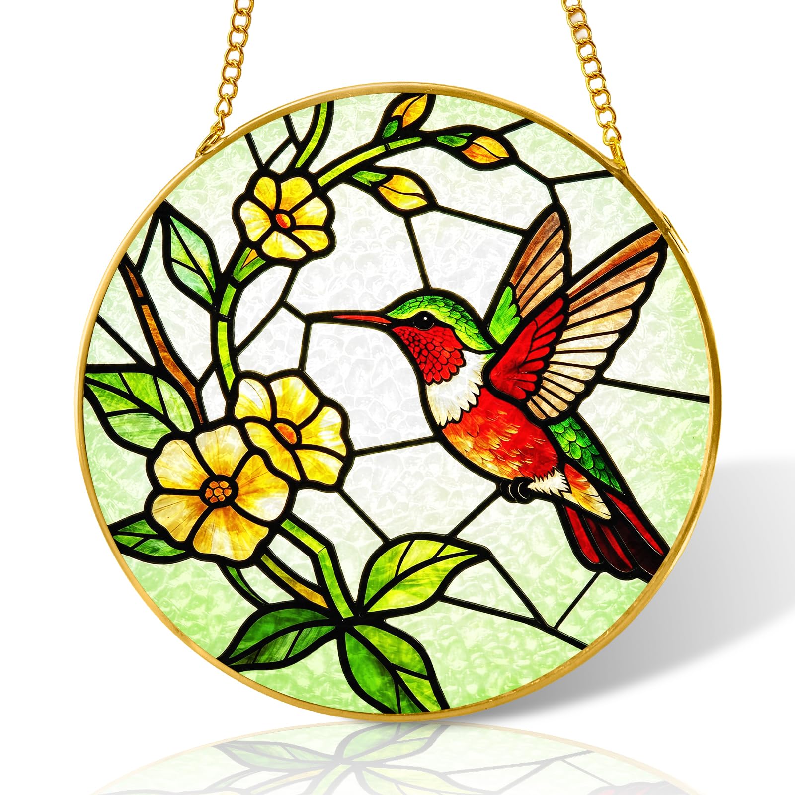 8 inch Flower Hummingbird Stained Glass Suncatcher Windows Hanging,Stained Glass Ornament Home Decor,Suncatchers for Windows Hanging,Birthday Gifts for Women,Lovers,Friend(Gold)