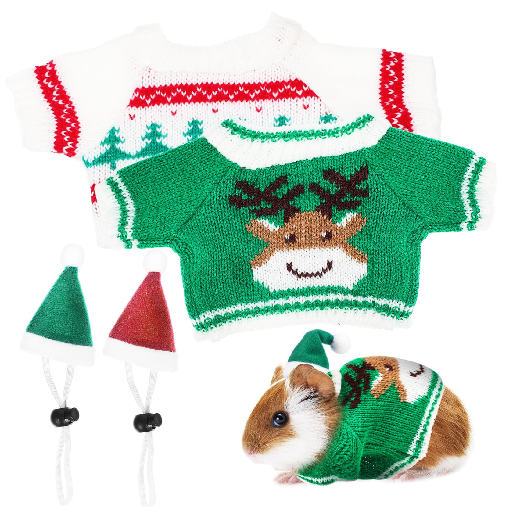 Frcolor Small Pet Christmas Outfit Set Guinea Pig Hat and Mini Sweater for Bunny Hamster Festive Xmas Costume with Elastic Strap