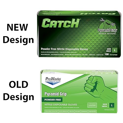 Miniatura 3 de CATCH GL-NT107NGFL - Guantes de nitrilo sin polvo de 9 mil, agarre de pirámide elevada, verde neón, talla L, caja de 100 unidades