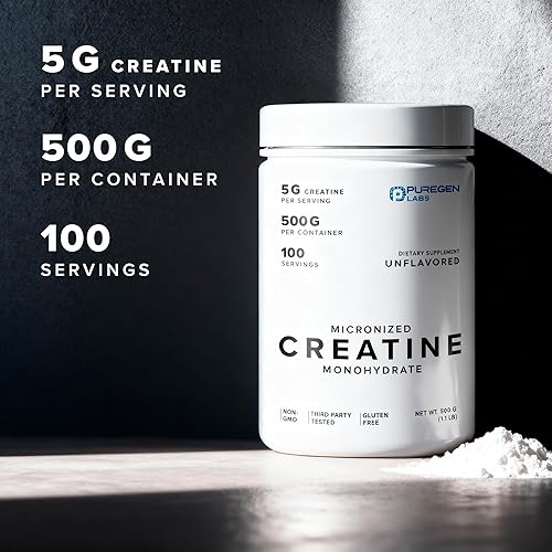 Miniatura 3 de Puregen Labs - Monohidrato de creatina micronizada en polvo 17.64 oz  puro, sin sabor, sin aditivos  5000 mg por servicio (0.18 oz)  100 porciones