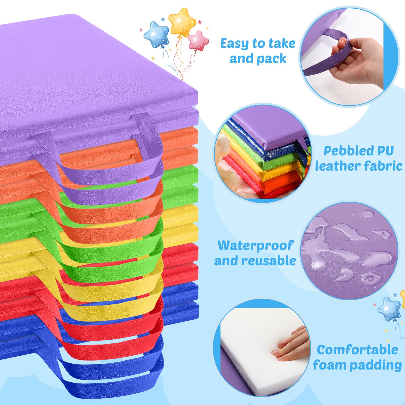 Cuscini quadrati da pavimento per bambini in classe 30 * 30 cm Sedute flessibili da pavimento Elementari con maniglie Cuscini da pavimento per adulti e bambini piccoli Asilo nido(Bright Color)
