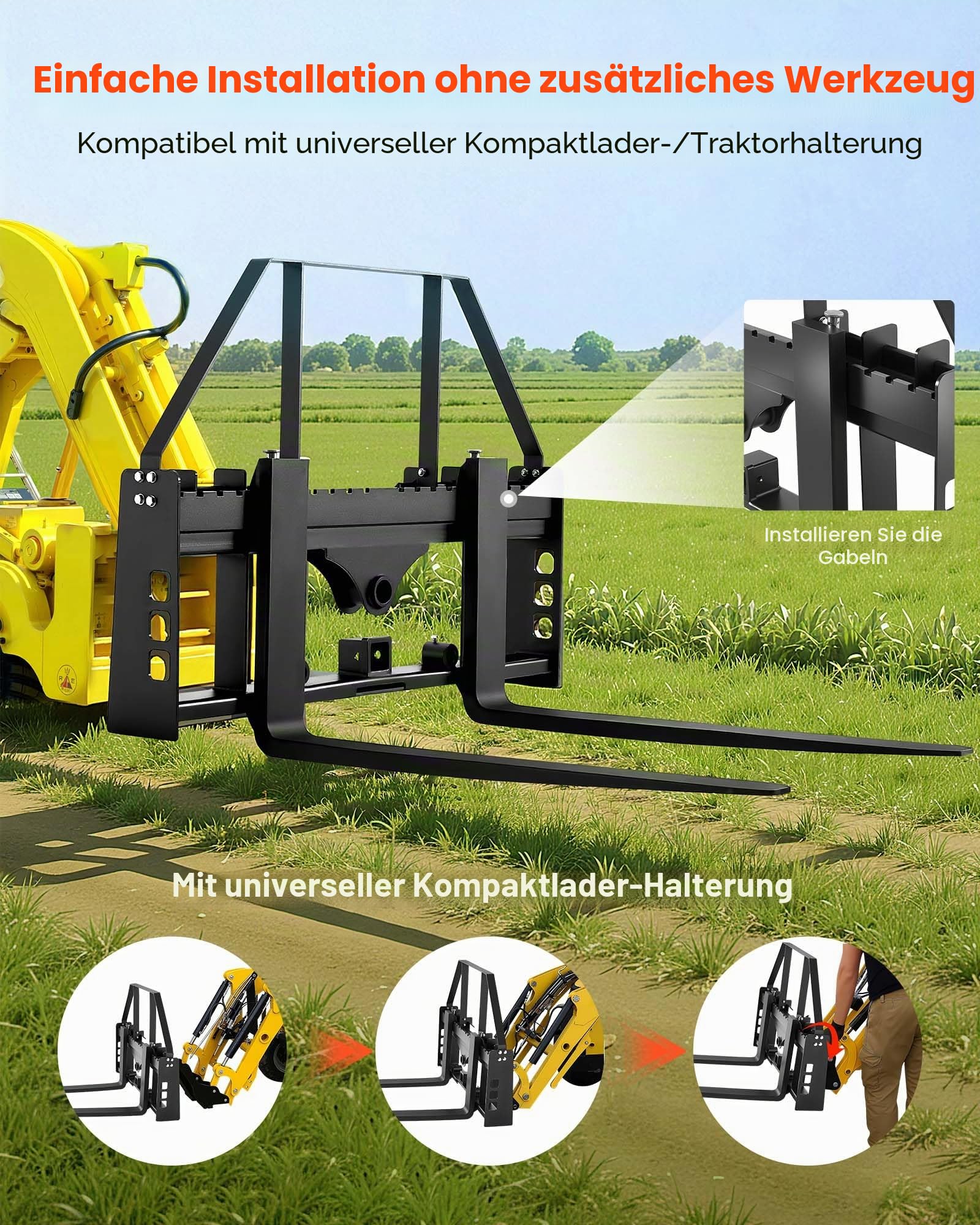 VEVOR Schnellbefestigung 1814 kg, Palettengabelrahmenaufsatz mit 1065 mm Palettengabeln, Gabelstaplerklingen, 50,8 mm Anhängerkupplung & Speerhülsen, passend für Kompaktlader, Traktoren