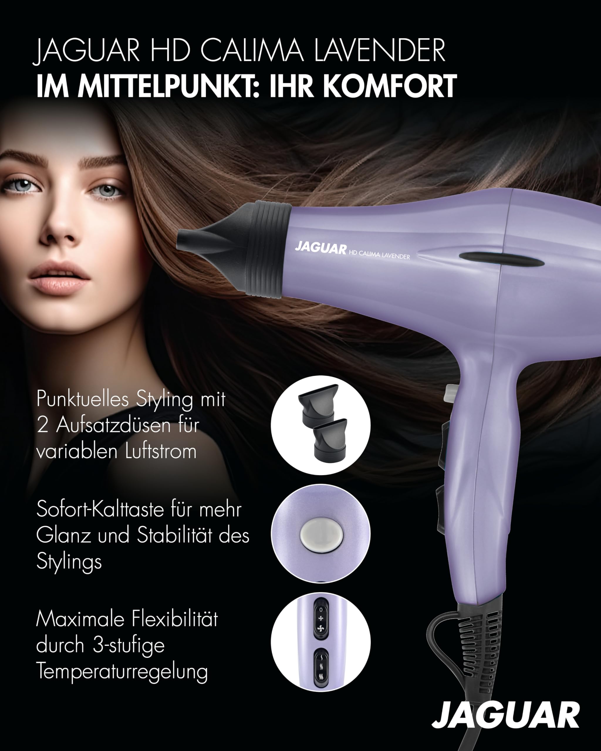 JAGUAR Föhn HD CALIMA Lavender | Leistungsstarker Profi Haartrockner mit Sofort-Kalttaste und individuellen Heiz- & Gebläseeinstellungen für einzigartige Styles