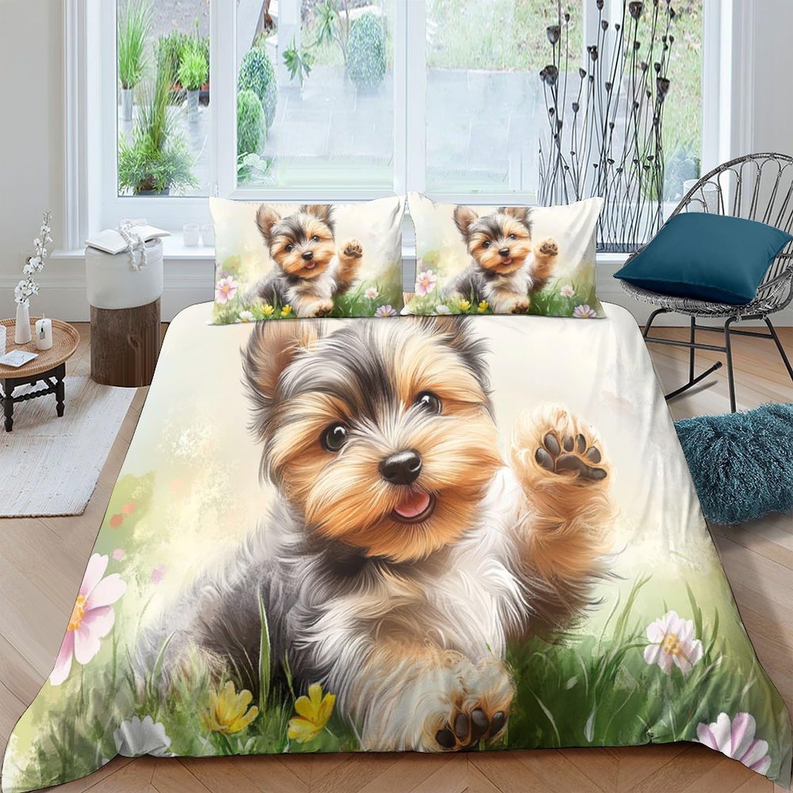 Ctjqhvkz Style-8 3D Printed Puppy Meadow Fitted Sheet Microfiber Soft Breathable Dog Flower Bed Cover For Bedroom Guest Room Decor Single（135X200cm）