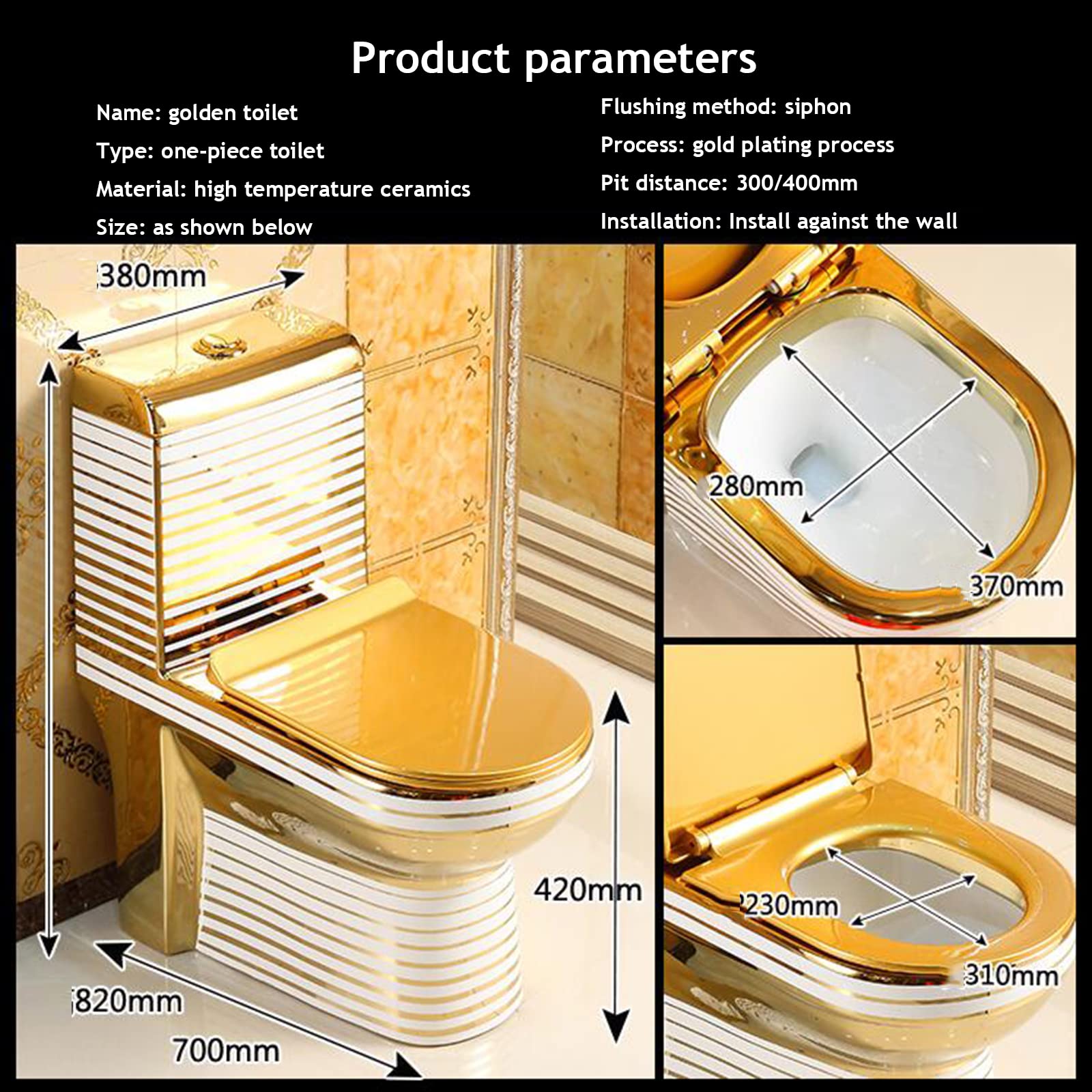 Inodoro dorado de una sola pieza con bombeo de agua silencioso para uso doméstico, lujoso y ligero, estilo europeo, de lujo, sifón de cerámica, apto para 305 mm (dorado 350 mm)